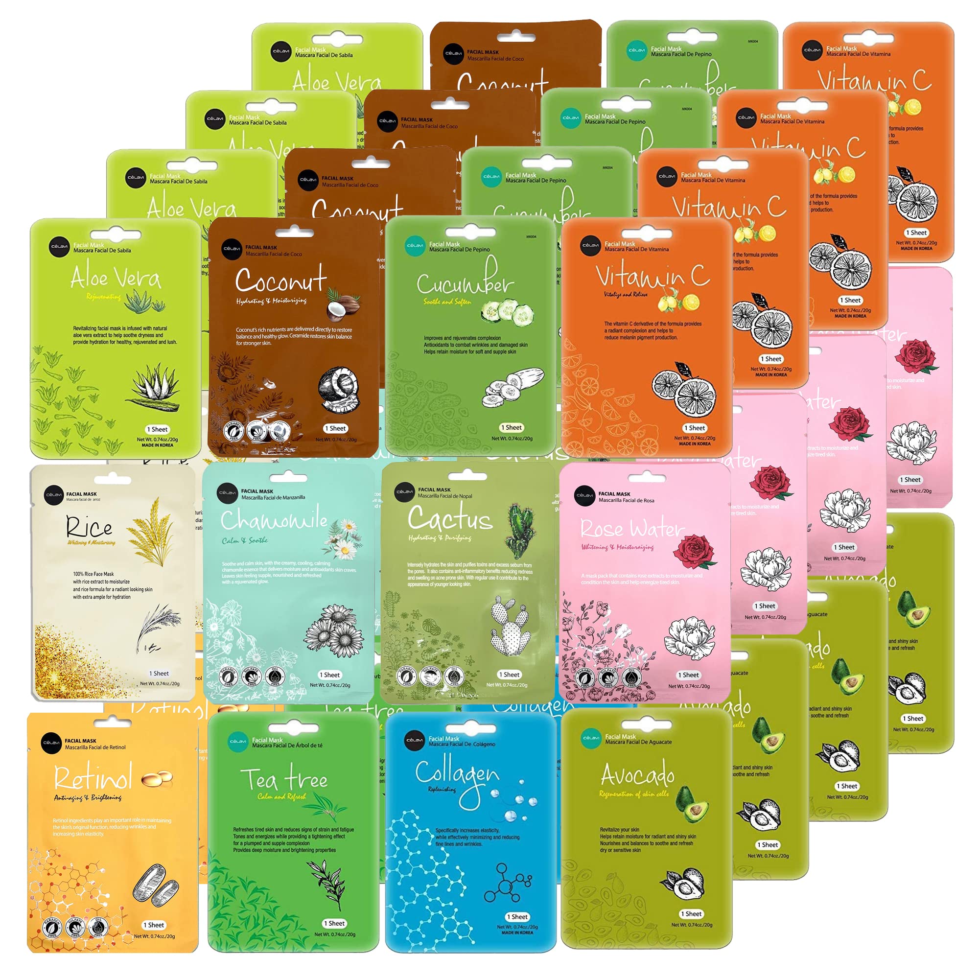 Celavi Essence Facial Face Mask K-Beauty Skincare Korea Skin Care Moisturizing 48 Pack B Set