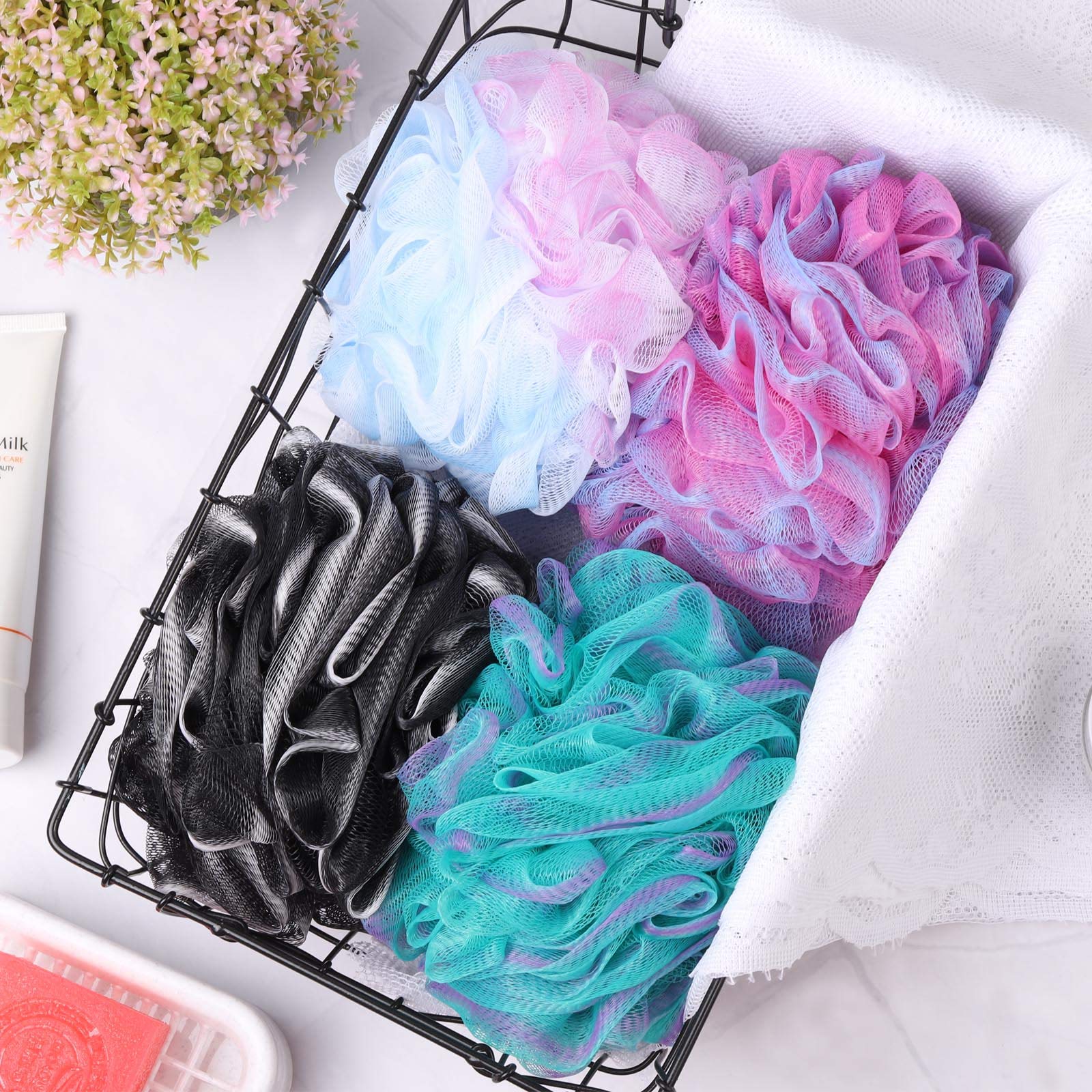 Btyms 4 Pieces Loofah Bath Sponge 75G/Pc Bath Puffs Shower Scrunchies Large Body Wash Sponge For Shower Exfoliate
