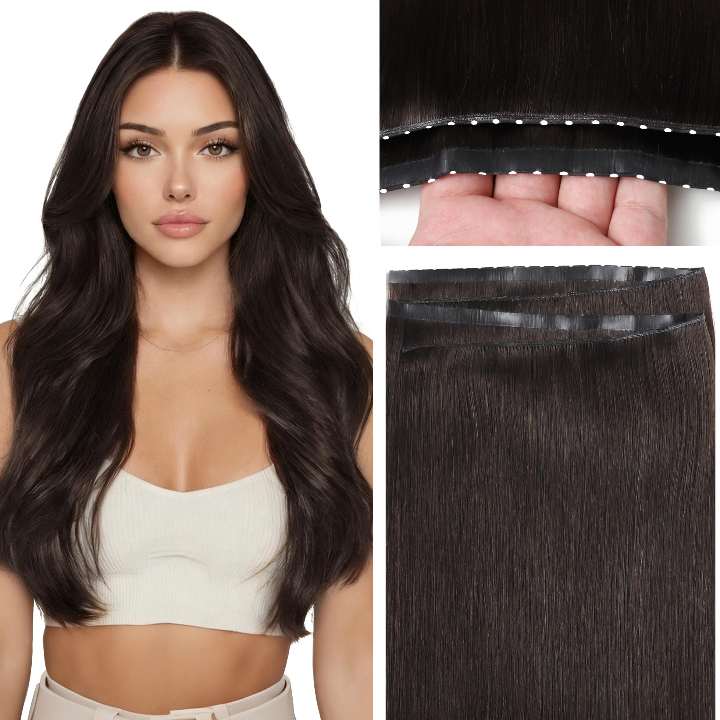 Caliee Butterfly Weft Hair Extensions Glue-Free Twin Tab Butterfly Genius Hair Extensions Real Human Hair Dark Brown 20 Inch One