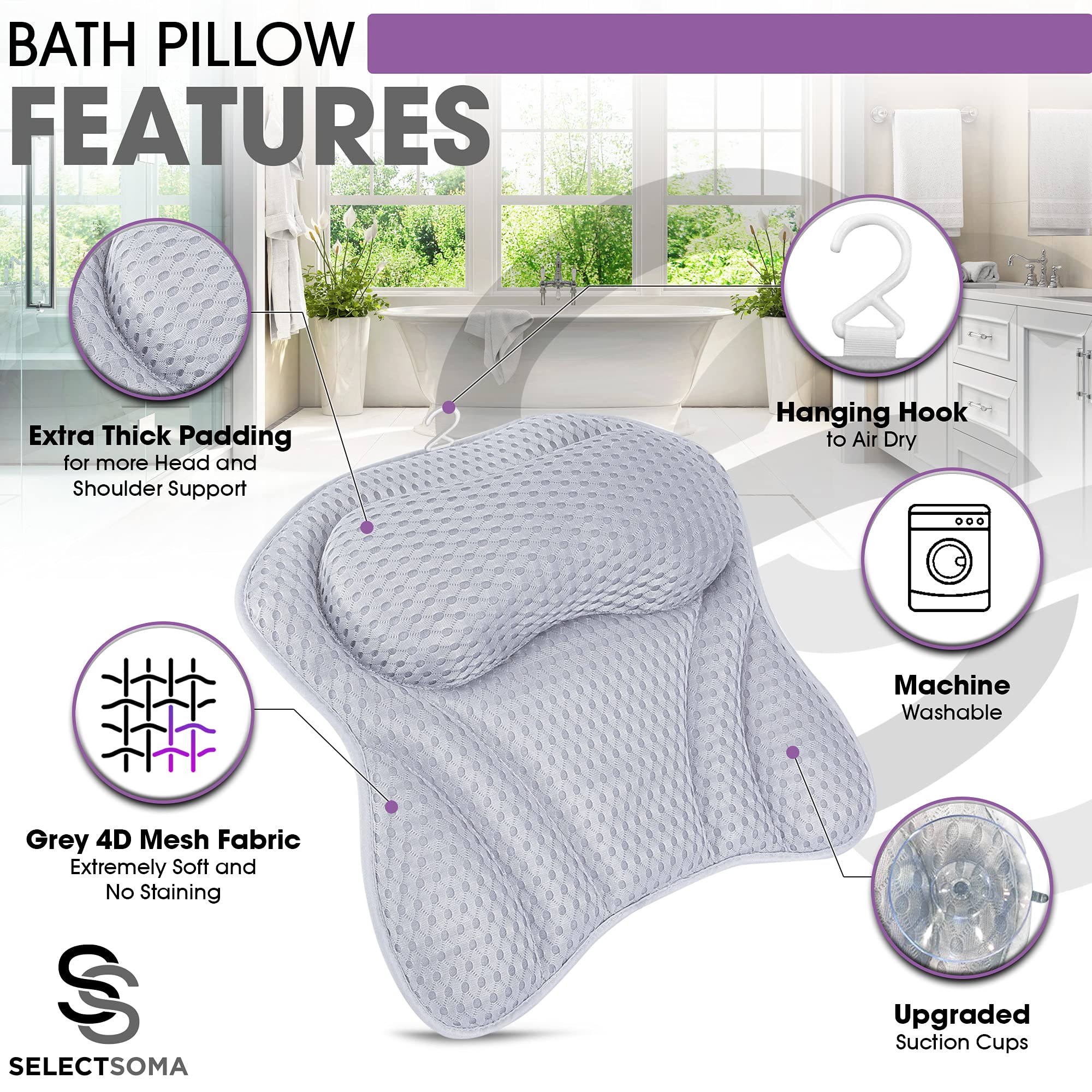 SelectSoma Premium Bath Pillow - Grey 4D Mesh for Head, Neck & Back Support, Quick-Drying with 6 Suction Cups, 1 Count