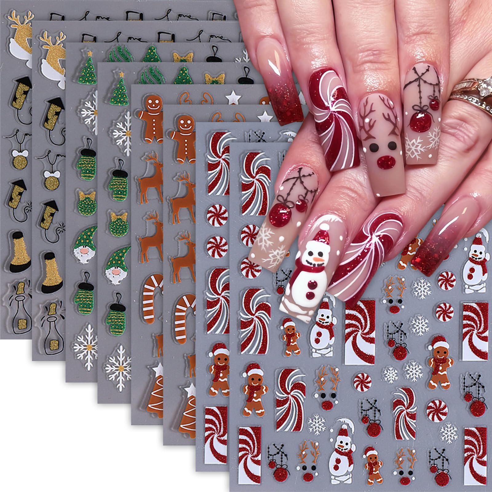 8 Sheets Christmas Nail Art Sticker Xmas Winter 3D Self-Adhesive Nail Decals Cute Snowmen Snowflake Gingerbread Man Nail Supplie