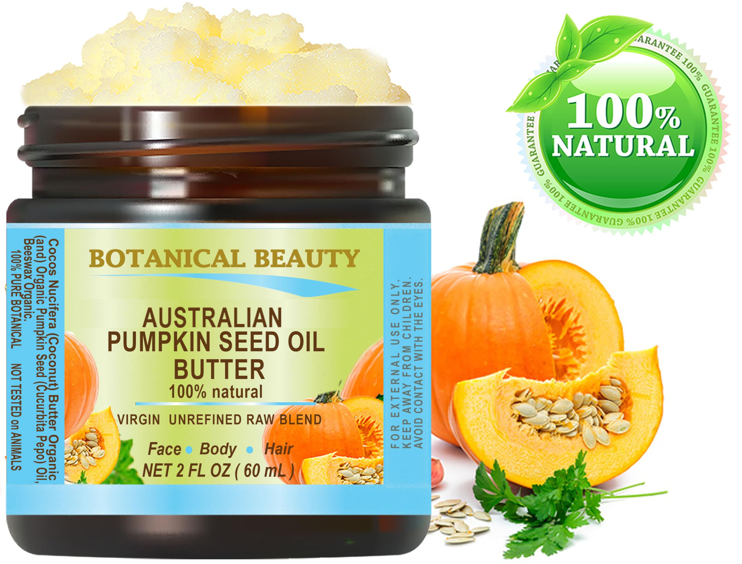 Botanical Beauty' Pumpkin Seed Oil Butter Australian Natural Virgin Unrefined Raw For Face, Skin, Damaged Hair, Lip, Nails 2 Fl.