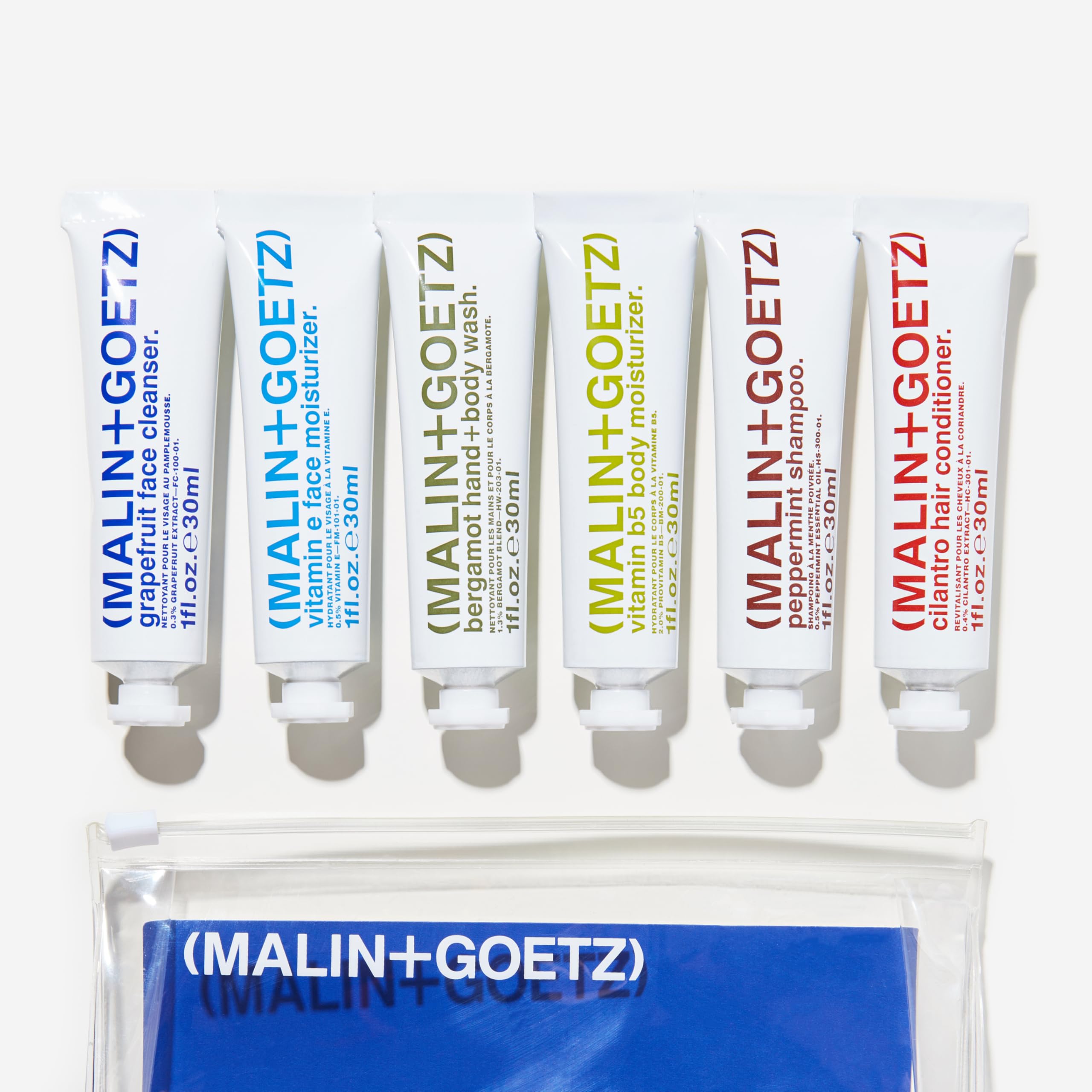 'Malin + Goetz Essential Starter Kit, 1 Fl. Oz. - Hair Shampoo & Conditioner, Facial Cleanser & Moisturizer, Hand & Body Wash,