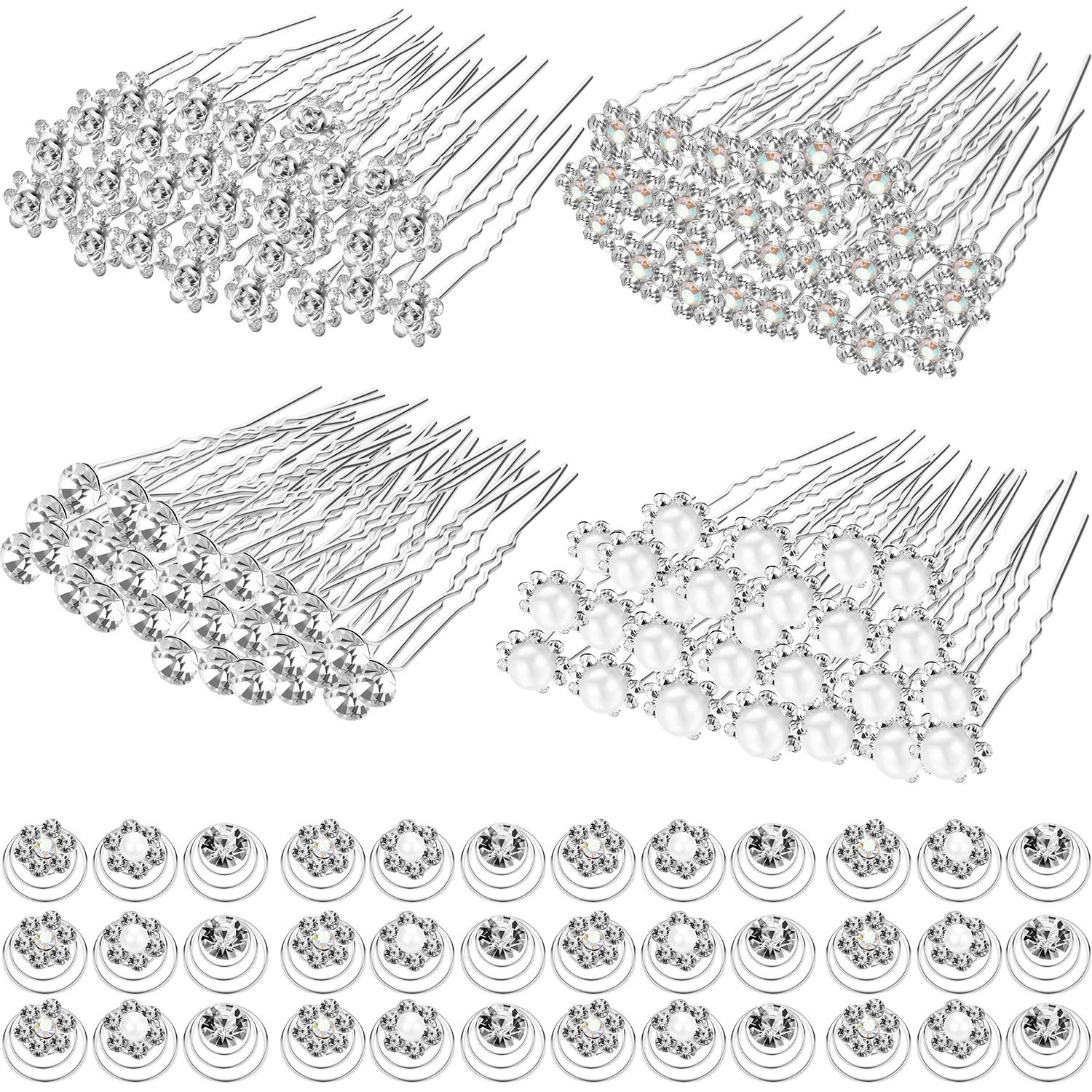 Yaomiao 116 Pcs Rhinestone Hair Pins Wedding Bridal Hair Accessories Crystal Pearl Hair Clips Flower Spiral Hairstyles Pin Swirl