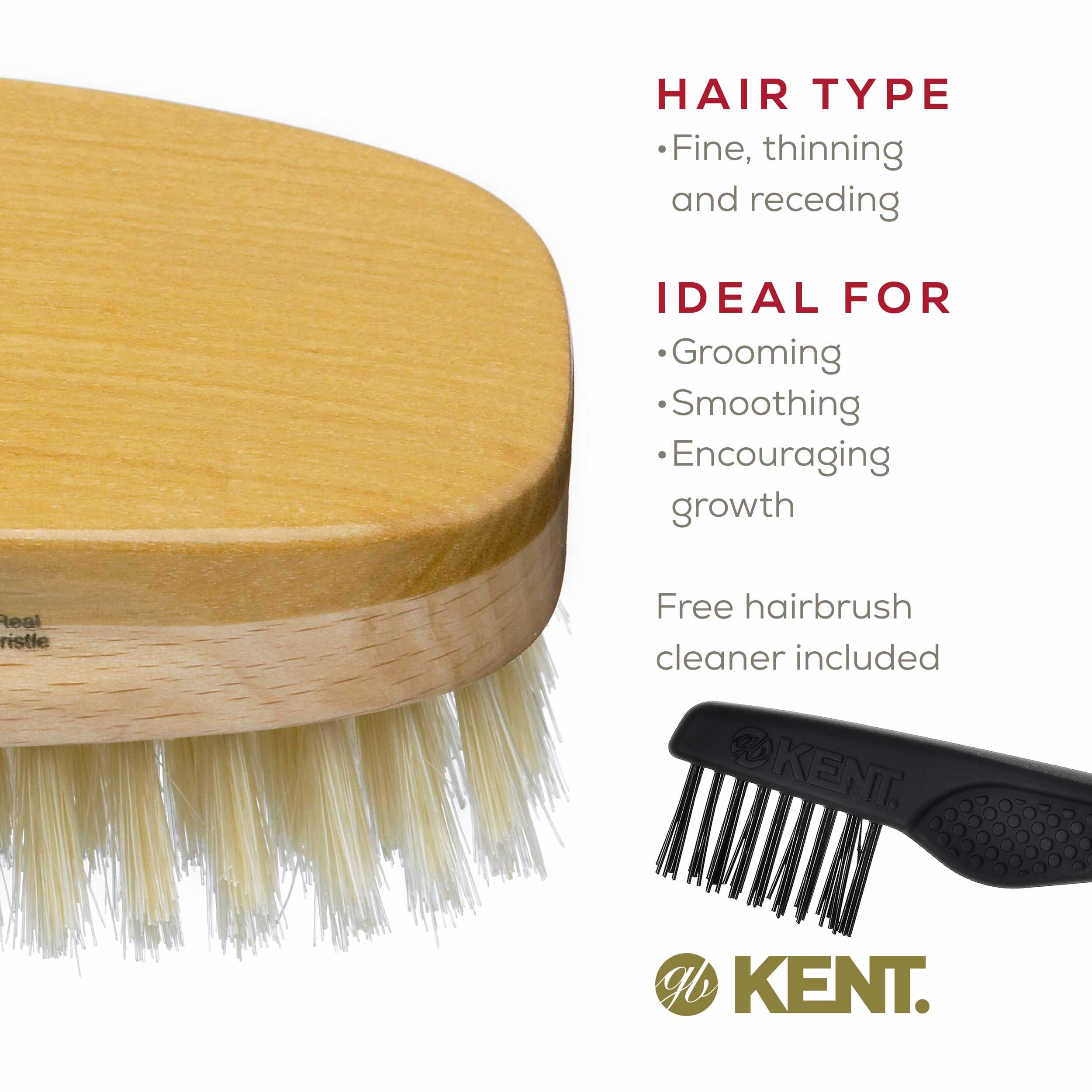 Kent MS23D Finest Men's Military Style Hair Brush - Satin and Beechwood Travel Size Base, Soft Pure White Natural Boar Bristle I
