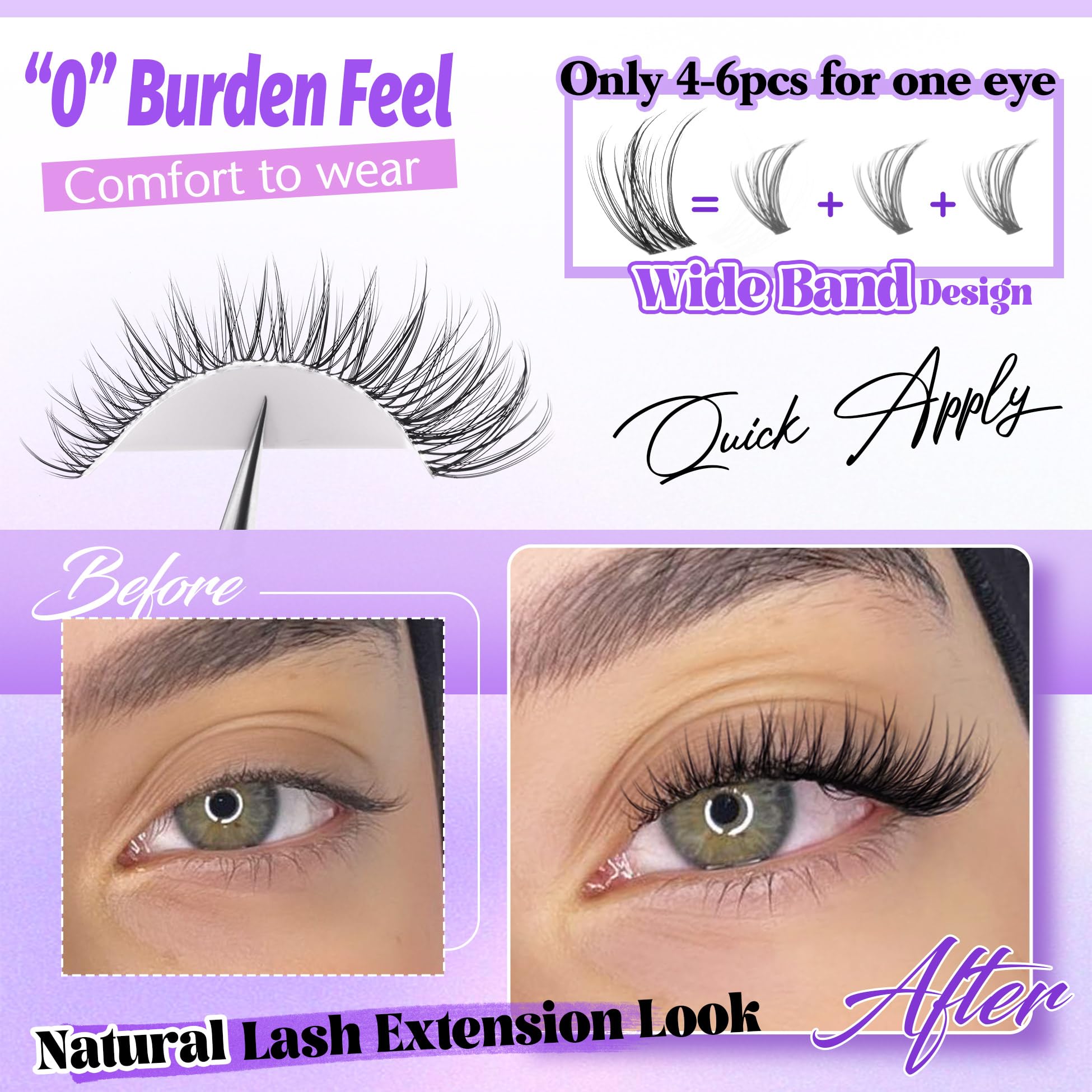 ALICE Lash Clusters - Natural Waterproof Eyelash Extensions, 8-16mm, Black, Wispy Individual Lashes with Invisible Band