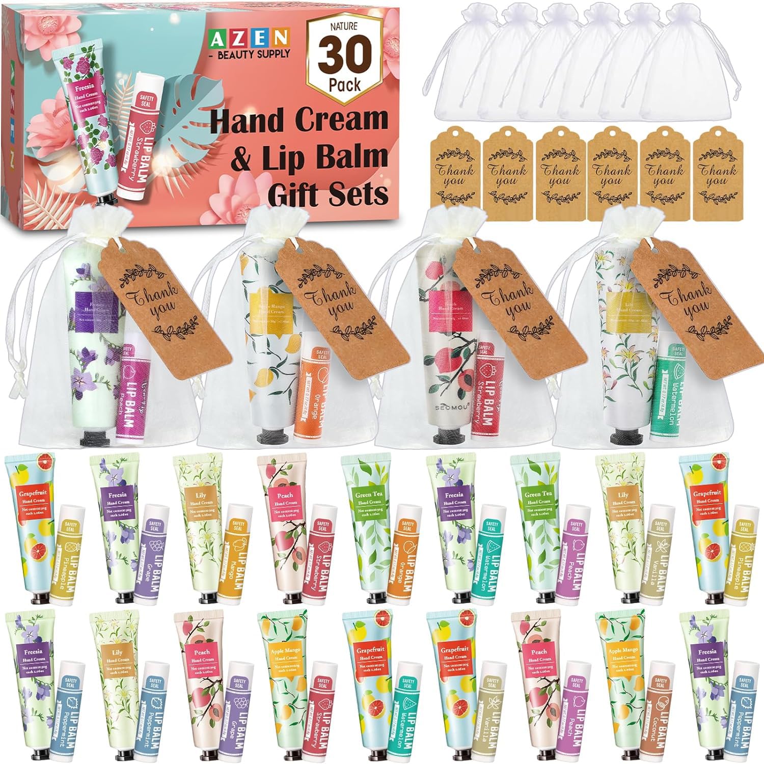 Azen 30 Sets Hand Cream Bulk And Lip Balm Bulk Set, Bridal Shower Gifts For Guests With Organza Bag Thank You Card, Bridal Weddi