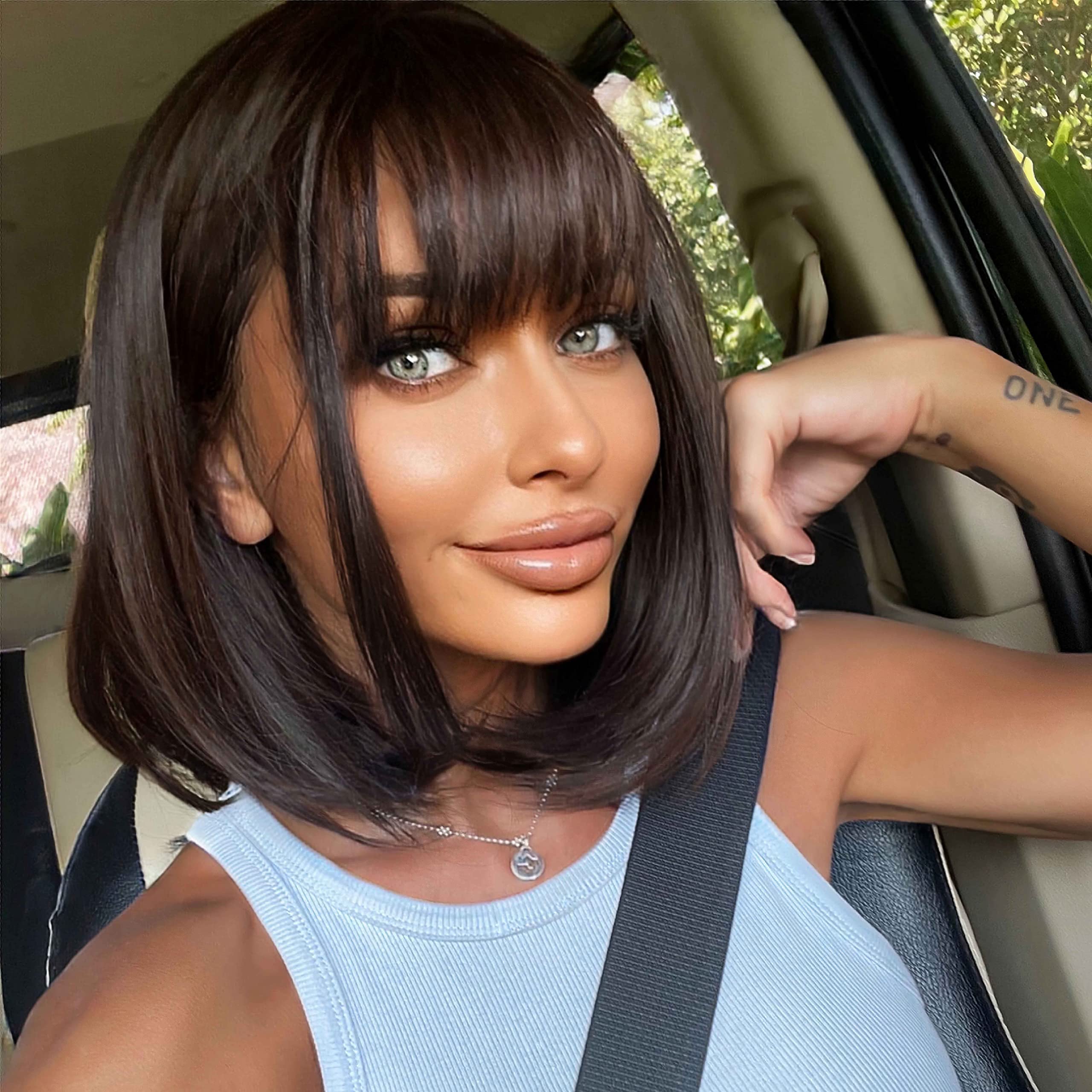 Emmor Dark Brown Bob Wigs For Women Shoulder Length Synthetic Wig With Fringe Bangs High Heat Resistant Wig(Dark Brown)
