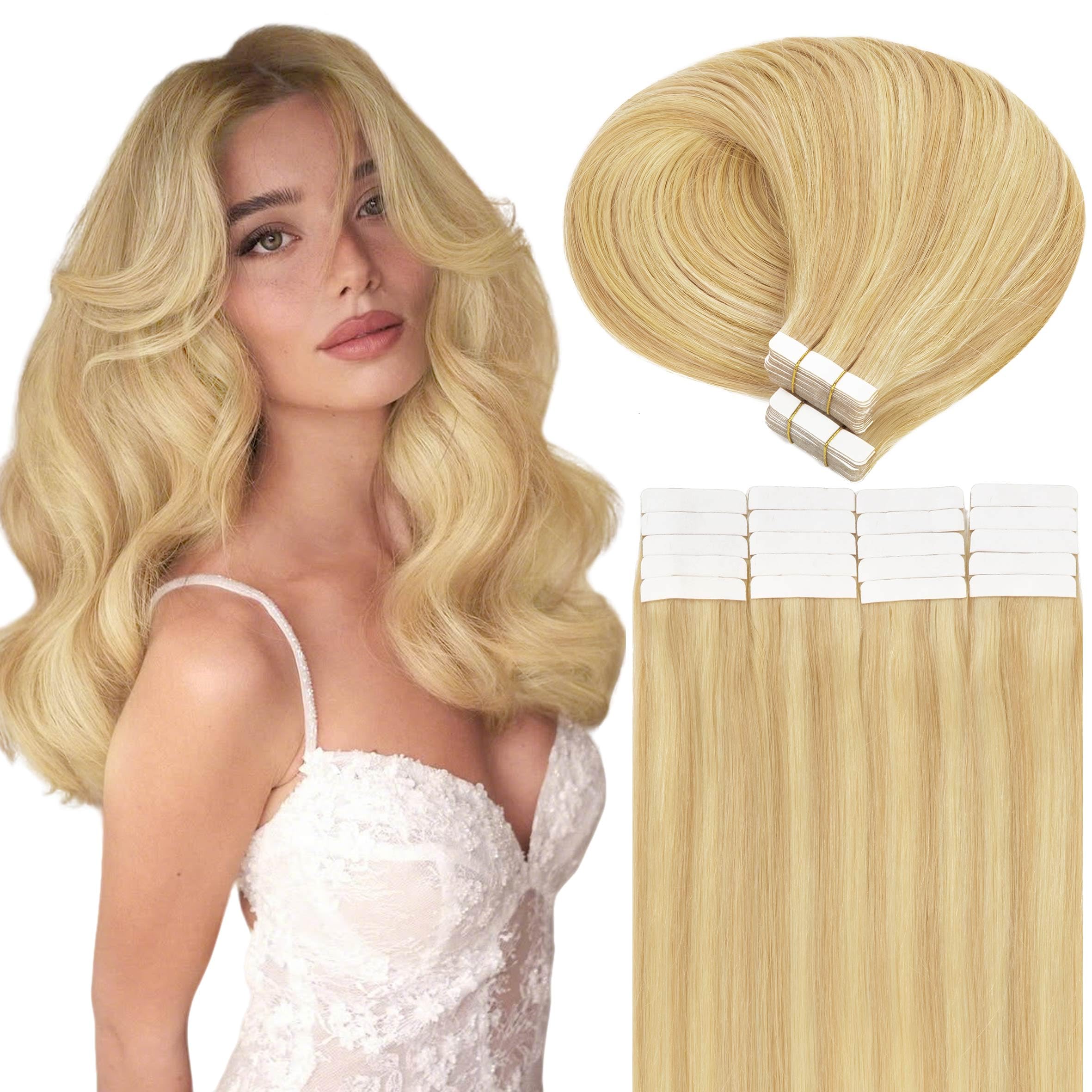 Caliee Tape in Hair Extensions Human Hair 20 Pcs Piano Color 18/60A Ash Blonde Mixed Platinum Blonde 50 Gram Invisible Tape in H
