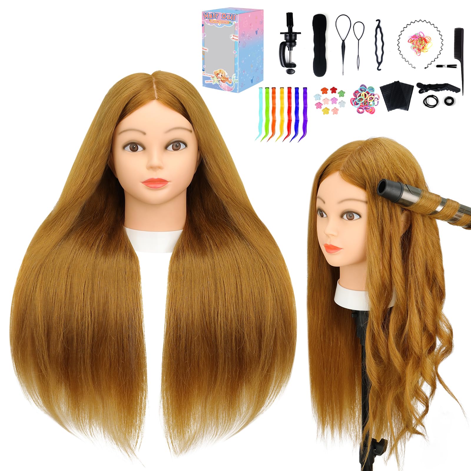 Mannequin Head with 70% Human Hair, 26'' Light Brown Real Human Hair Training Head, Manikin Cosmetology Head with Clamp Holder &