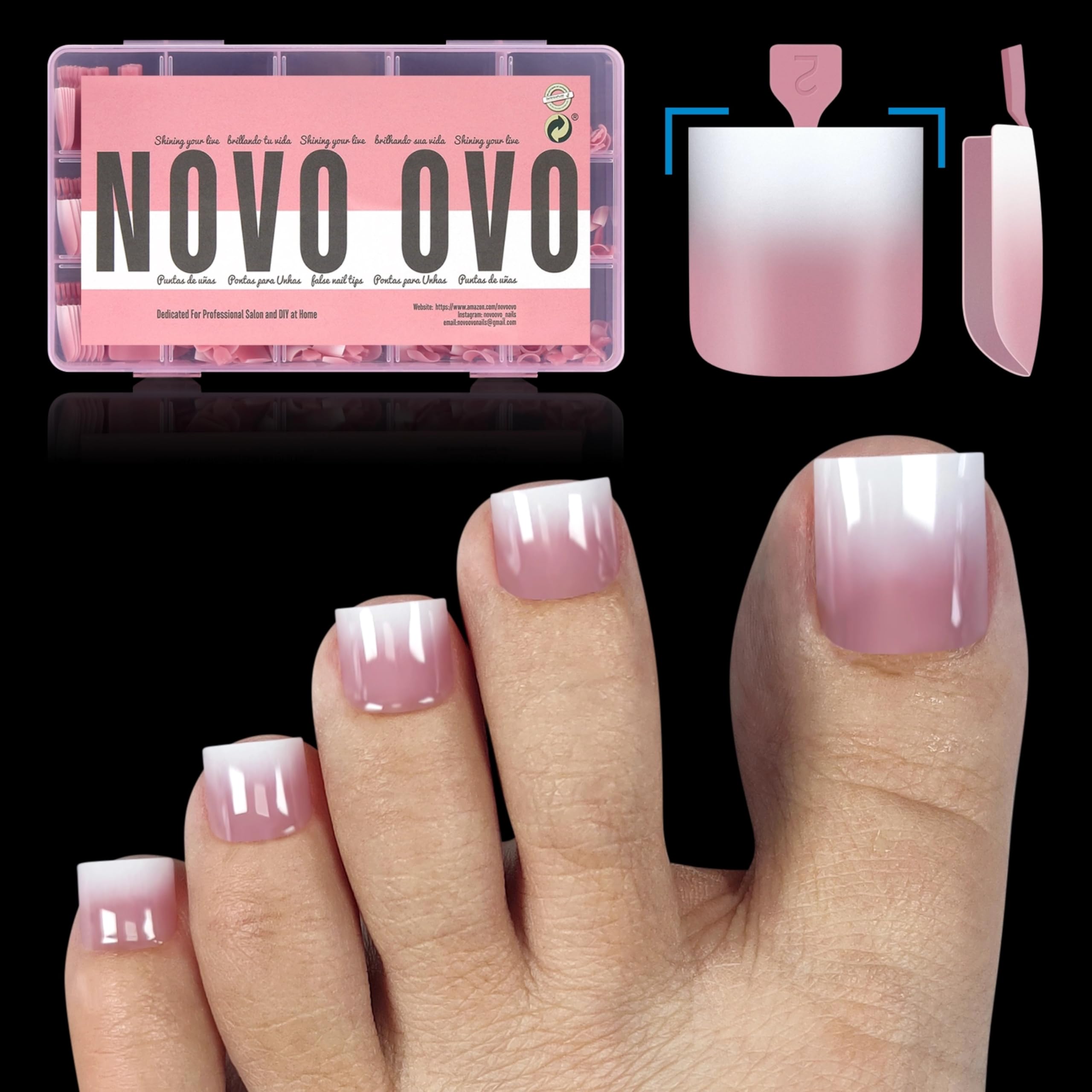 NOVO OVO Ombre French Tip Press on Toe Nail Tips, Sharp Square Pre-Designed Soft Gel False Toenail Extension, BERRY PINK Pre-app
