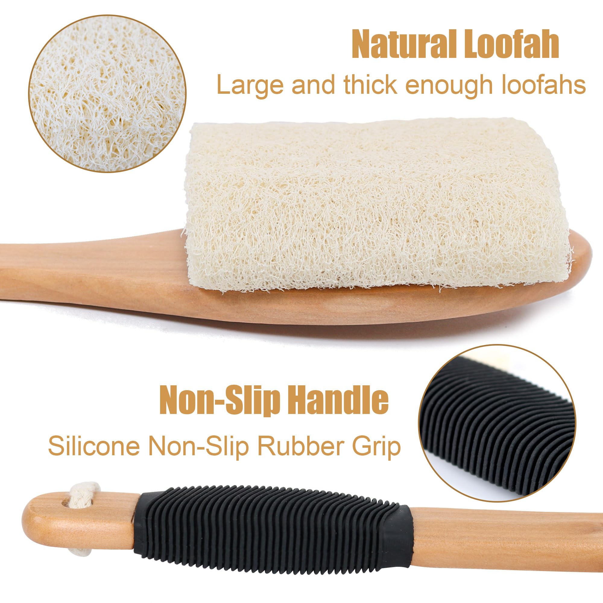 OWIIZI Back Loofah Scrubber Brush, Long Handle, Hard Luffa Exfoliating Sponge, Wooden Handle with Non-slip Grip for Men & Women