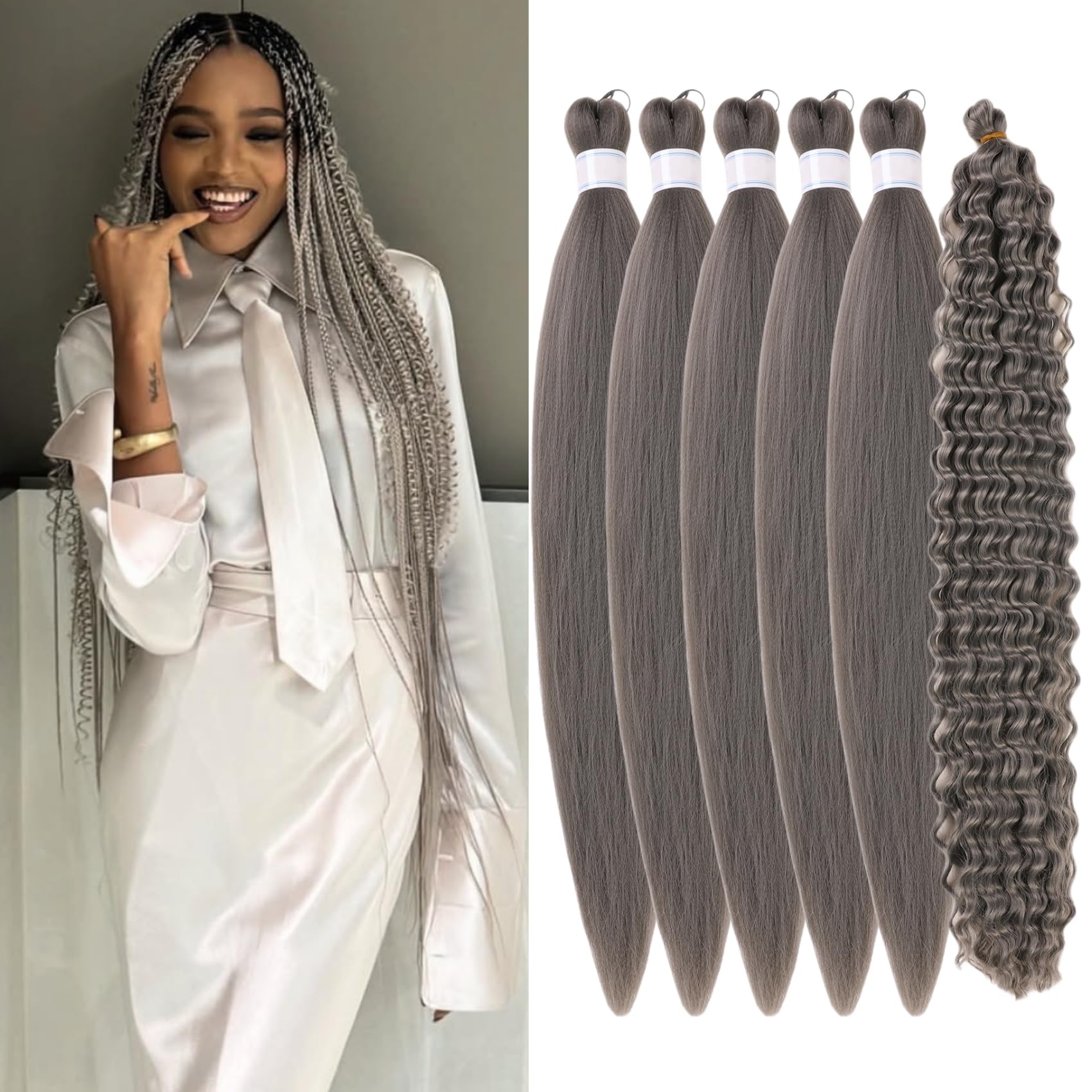 Dark Grey Braiding Hair Pre Stretched Knotless Braiding Hair for Boho Braids(6 Packs)