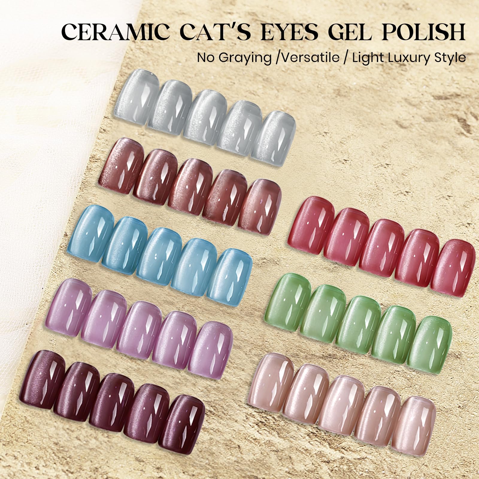 Mizhse Cat Eye Gel Nail Polish, 8 Colors Ceramic Magnetic Gel Polish Set With Magnet Stick, Crystal Shimmer Silver Brown Green P