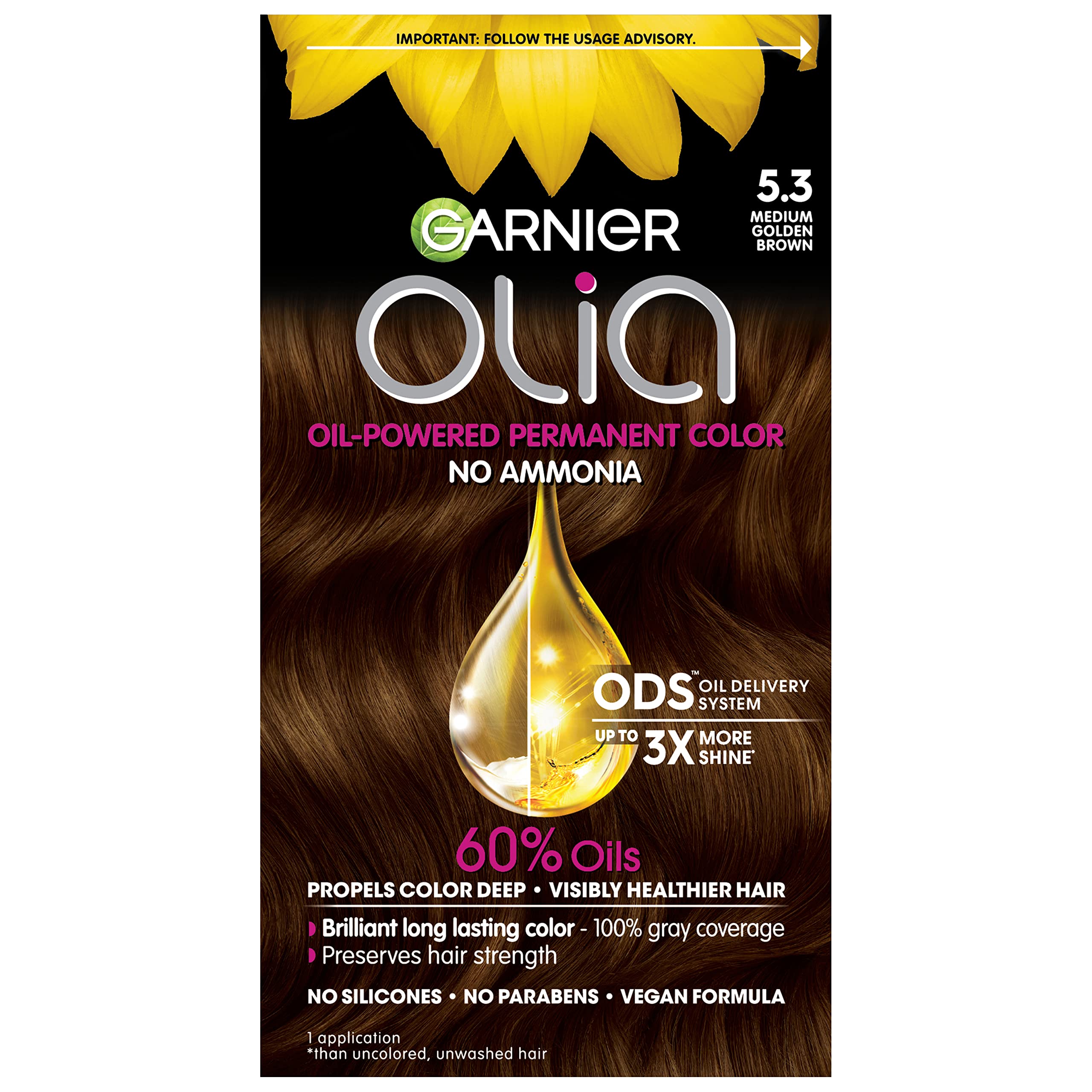 Garnier Hair Color Olia Ammonia-Free Brilliant Color Oil-Rich Permanent Hair Dye, 5.3 Medium Golden Brown, 2 Count (Packaging Ma