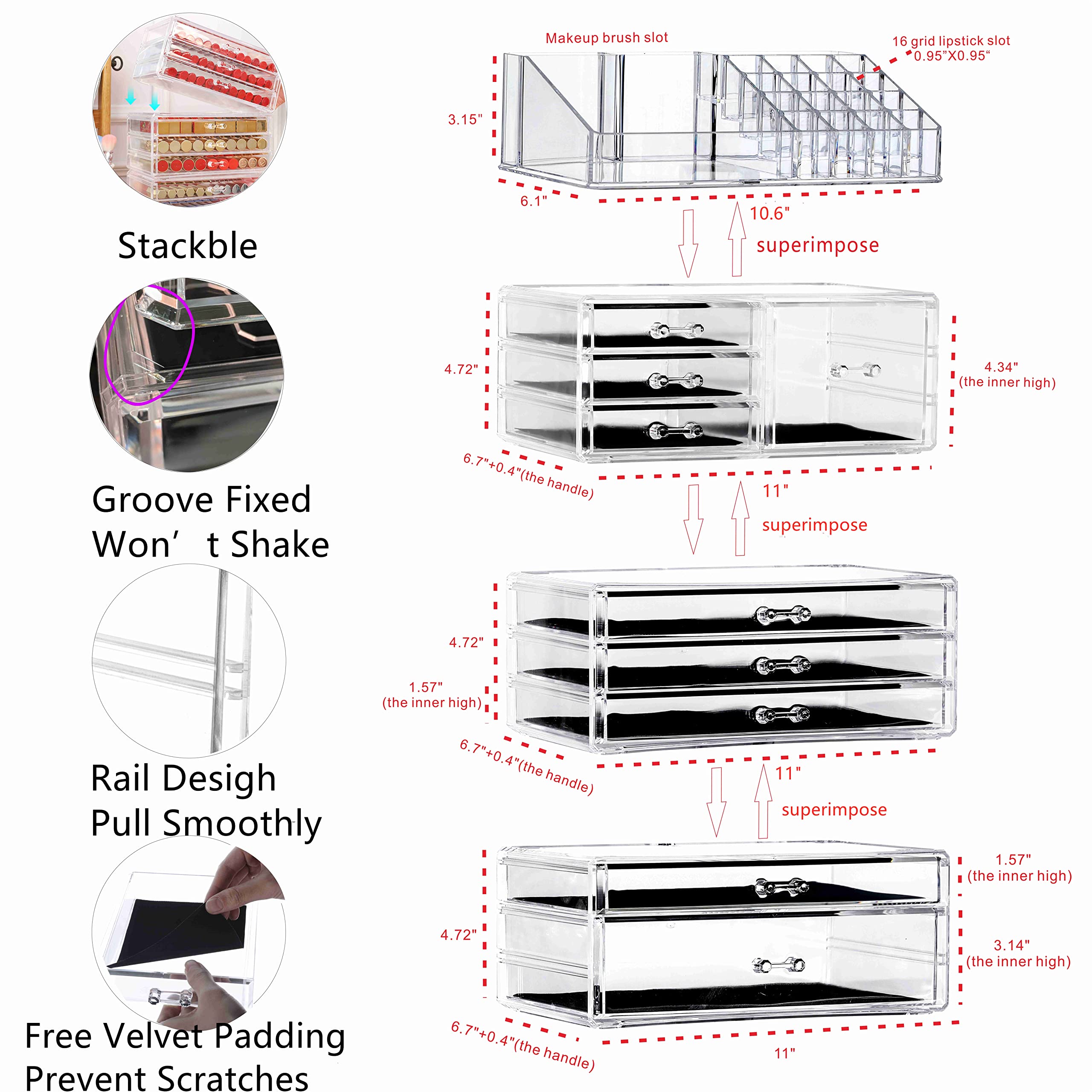 Cq Acrylic Makeup Organizer Countertop For Vanity With 9 Drawers,Large Clear Plastic Make Up Storage For Jewelry,Hair Accessory,