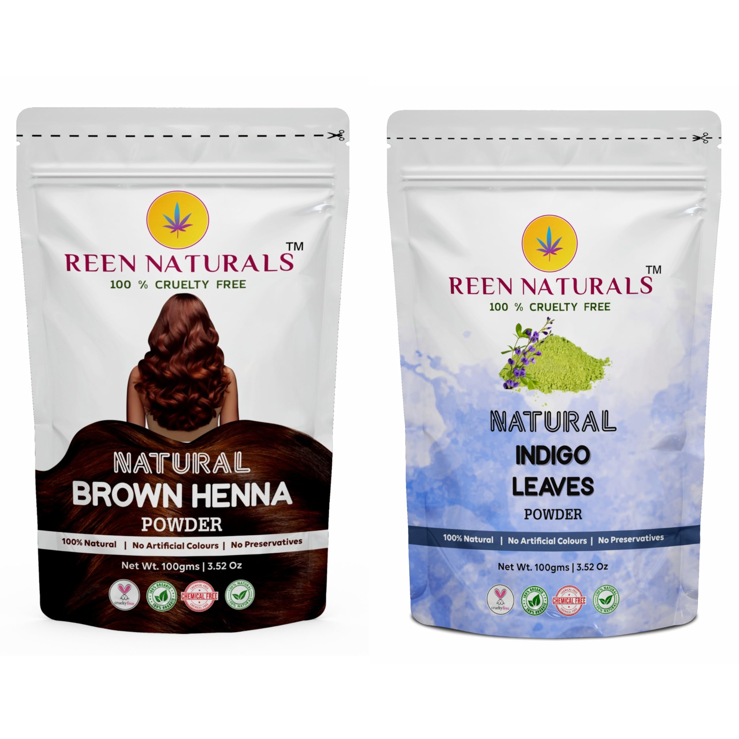 Reennaturals Brown Henna And Indigo Powder For Black Hair | Natural Hair Dye | Combo Pack Of 2 (100 Gms Each)