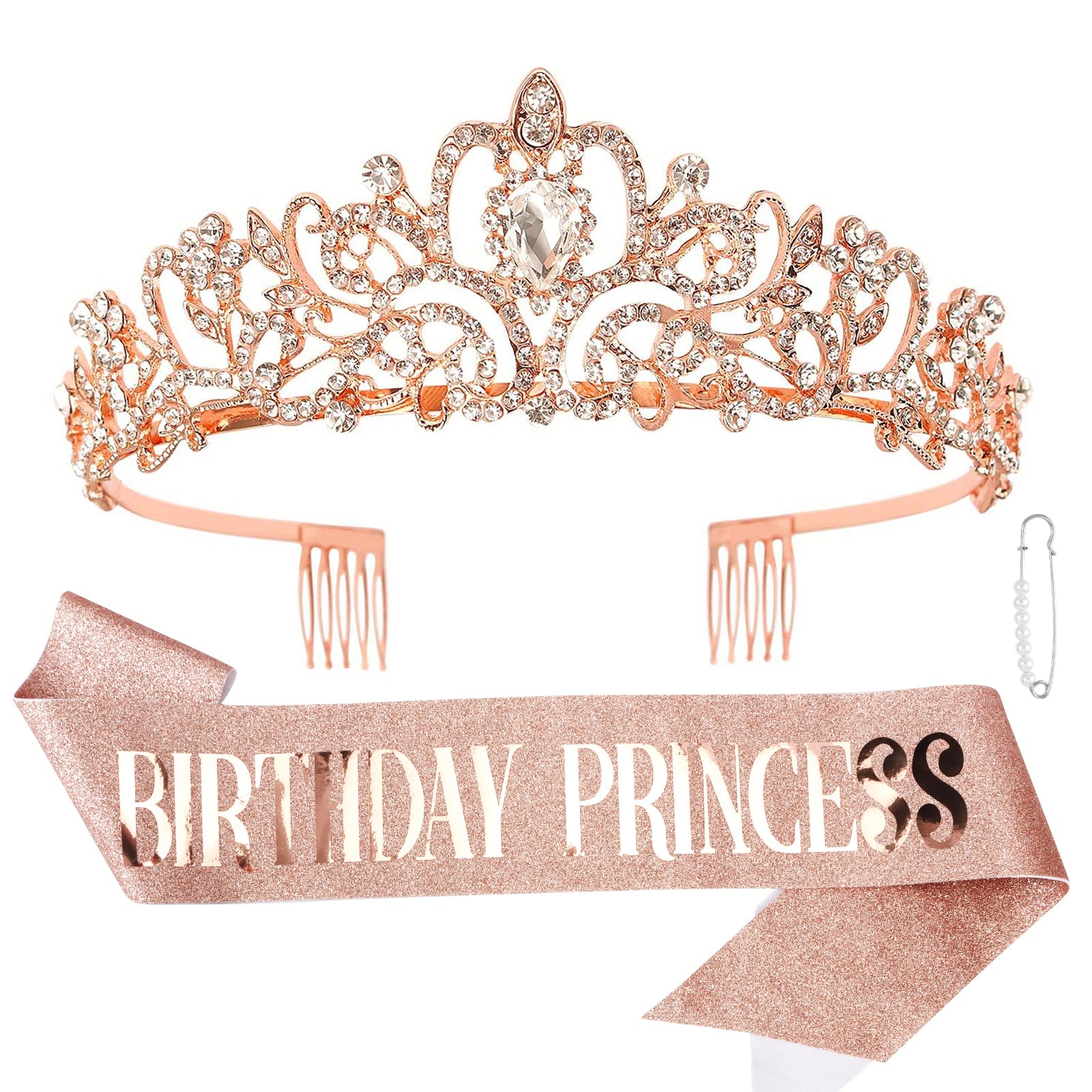 CIEHER Princess Crown and Birthday Sash Set, Birthday Crown Birthday Girl Crown Birthday Tiara for Women Birthday Princess Crown