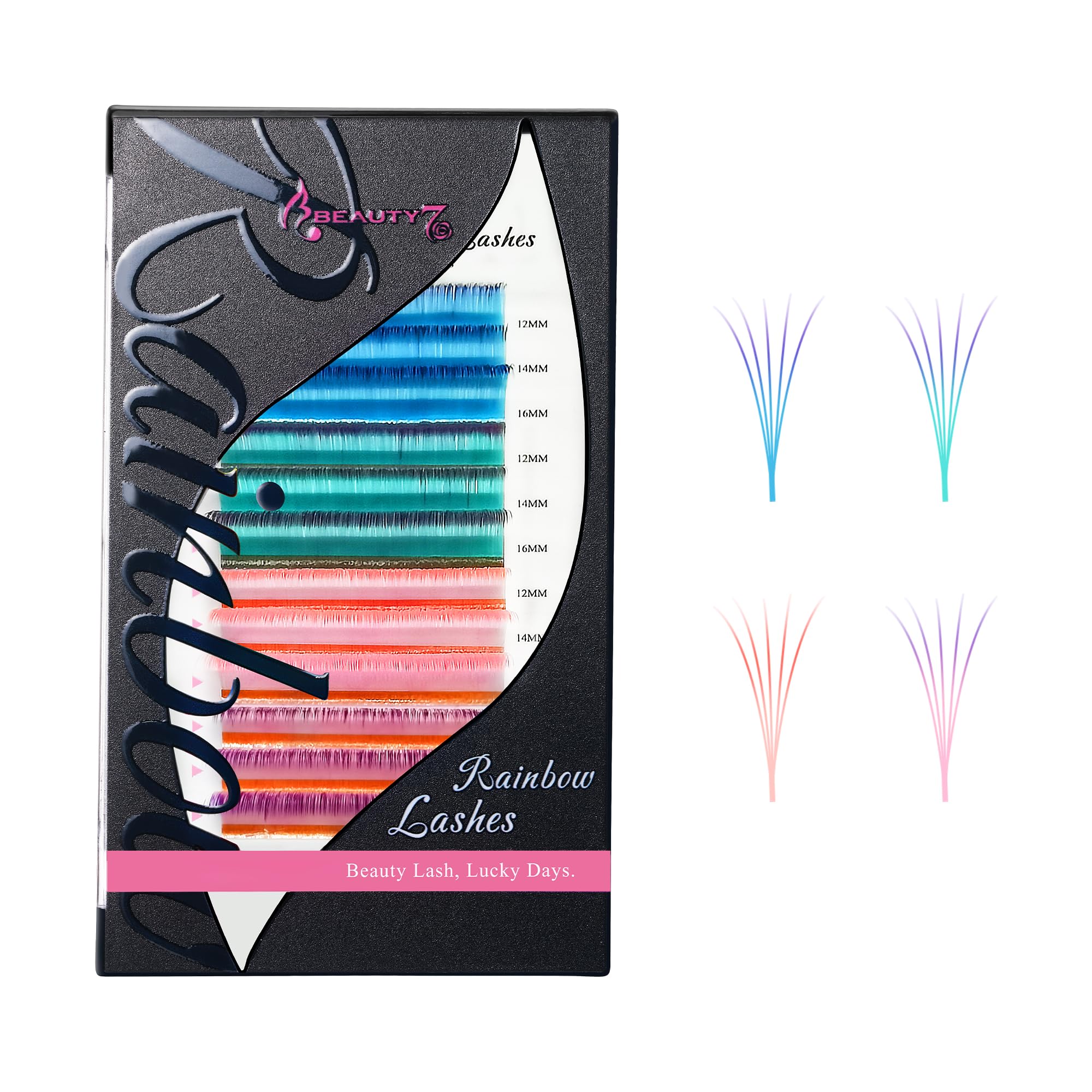 Beauty7 Colored Lash Ombre Lash Extensions Rainbow Lashes Easy Fan Lashes Self Fanning D Curl 0.07mm Thickness 12mm 14mm 16mm Mi
