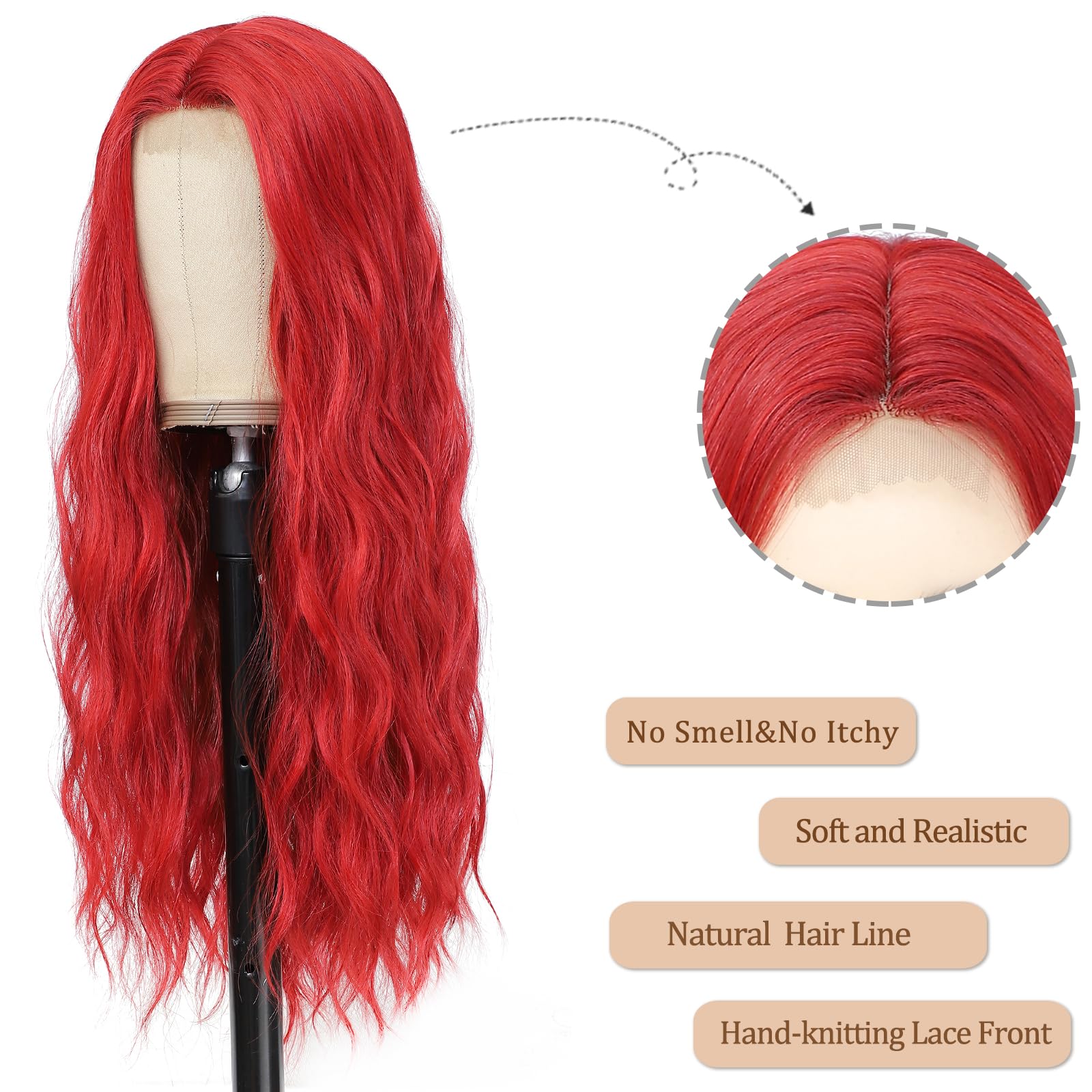 Ybymcai Red Wig - Long Red Wavy Wigs For Women Middle Part Red Wig 26 Inch Natural Curly Synthetic Wig Heat Resistant Fiber Wigs