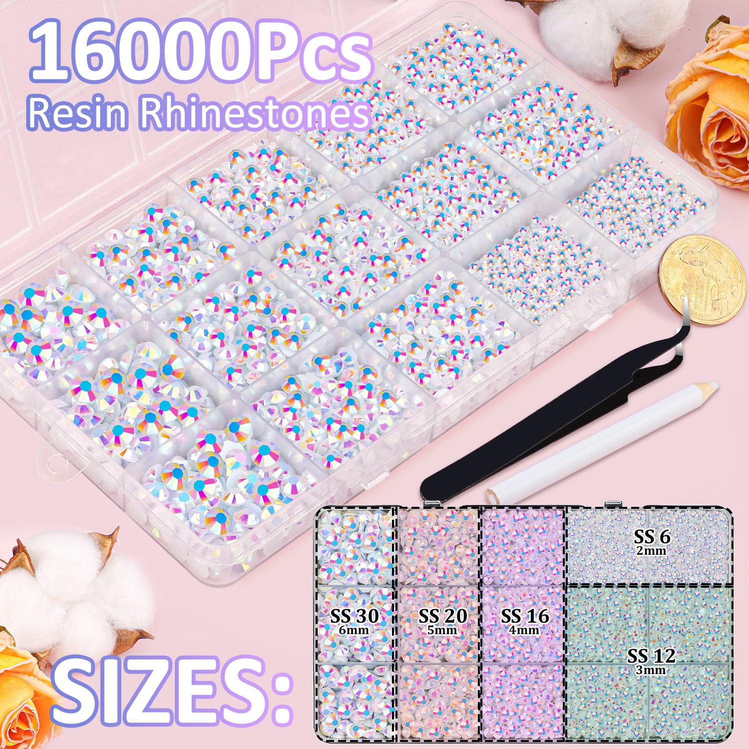 16000Pcs Resin Jelly Rhinestones With Tweezers For Crafting, White Ab 2-6Mm Mixed Sizes Flatback Gems, Bedazzling Crystal For Di
