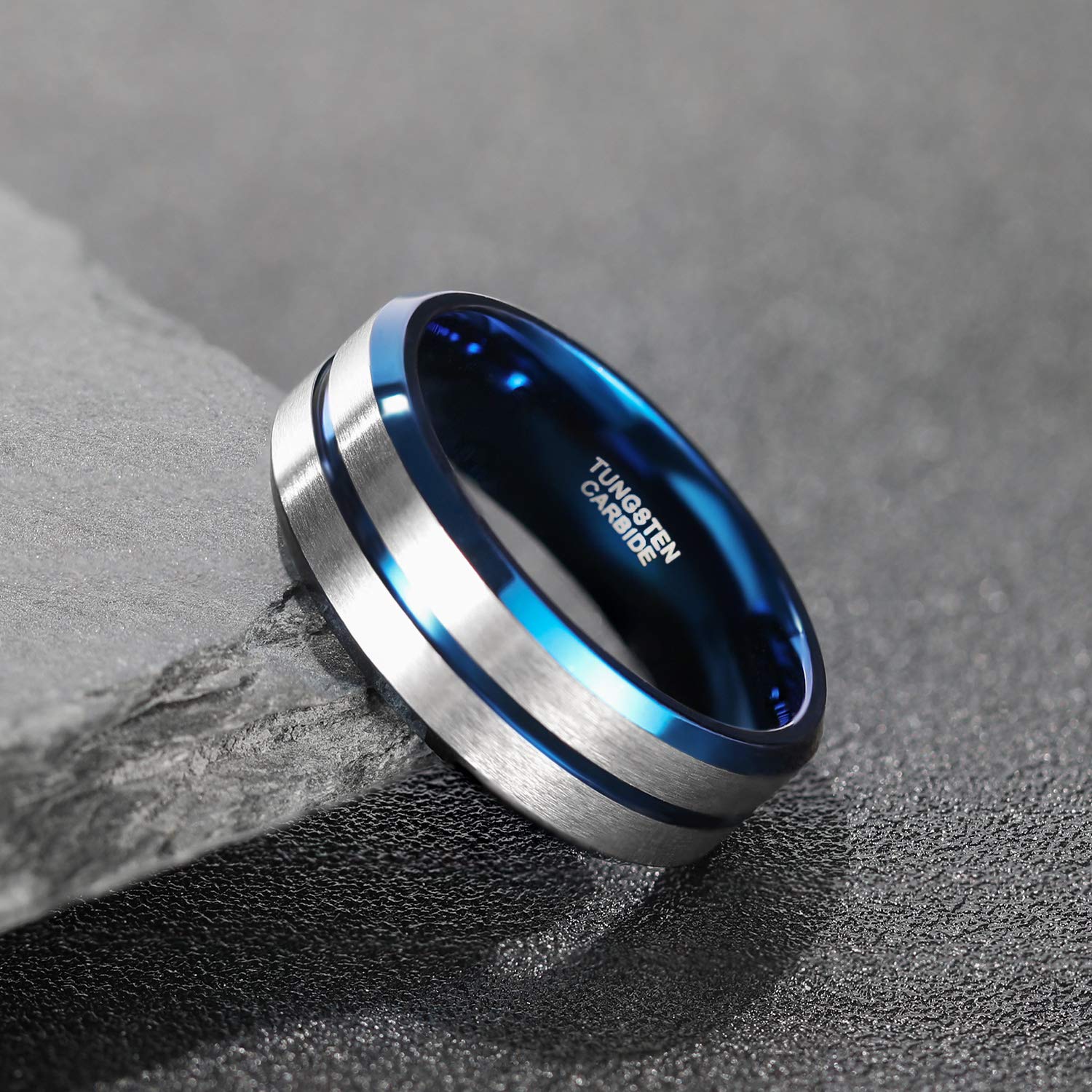 Greenpod 8mm Tungsten Ring for Men Blue Thin Groove Line Dome Brushed Comfort Fit Wedding Band Size 11