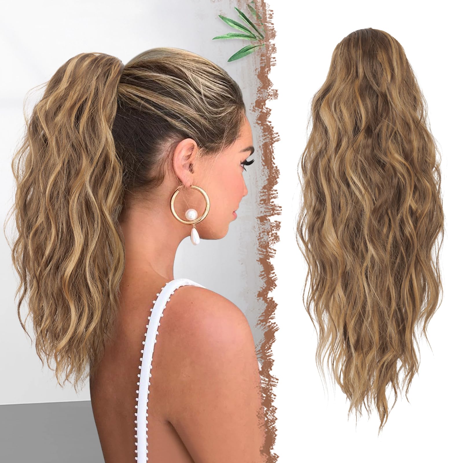 FESHFEN Ponytail Extensions, Drawstring Ponytails Hair Extension Golden Brown Mix Blonde Long Curly Wavy Hair Piece Synthetic Po