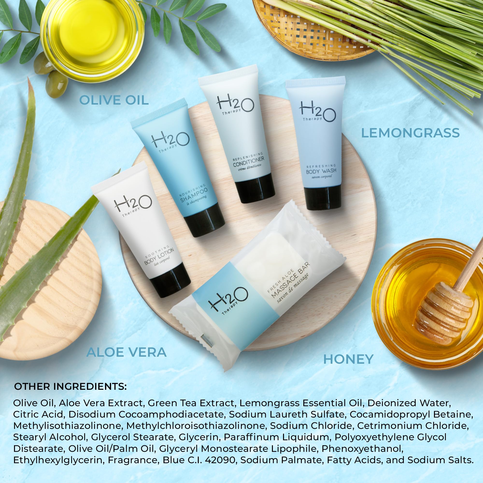 H2O Therapy Hotel Soaps And Toiletries Bulk Set  1-Shoppe All-In-Kit Amenities For Hotels & Airbnb  .85Oz Hotel Shampoo & Condit