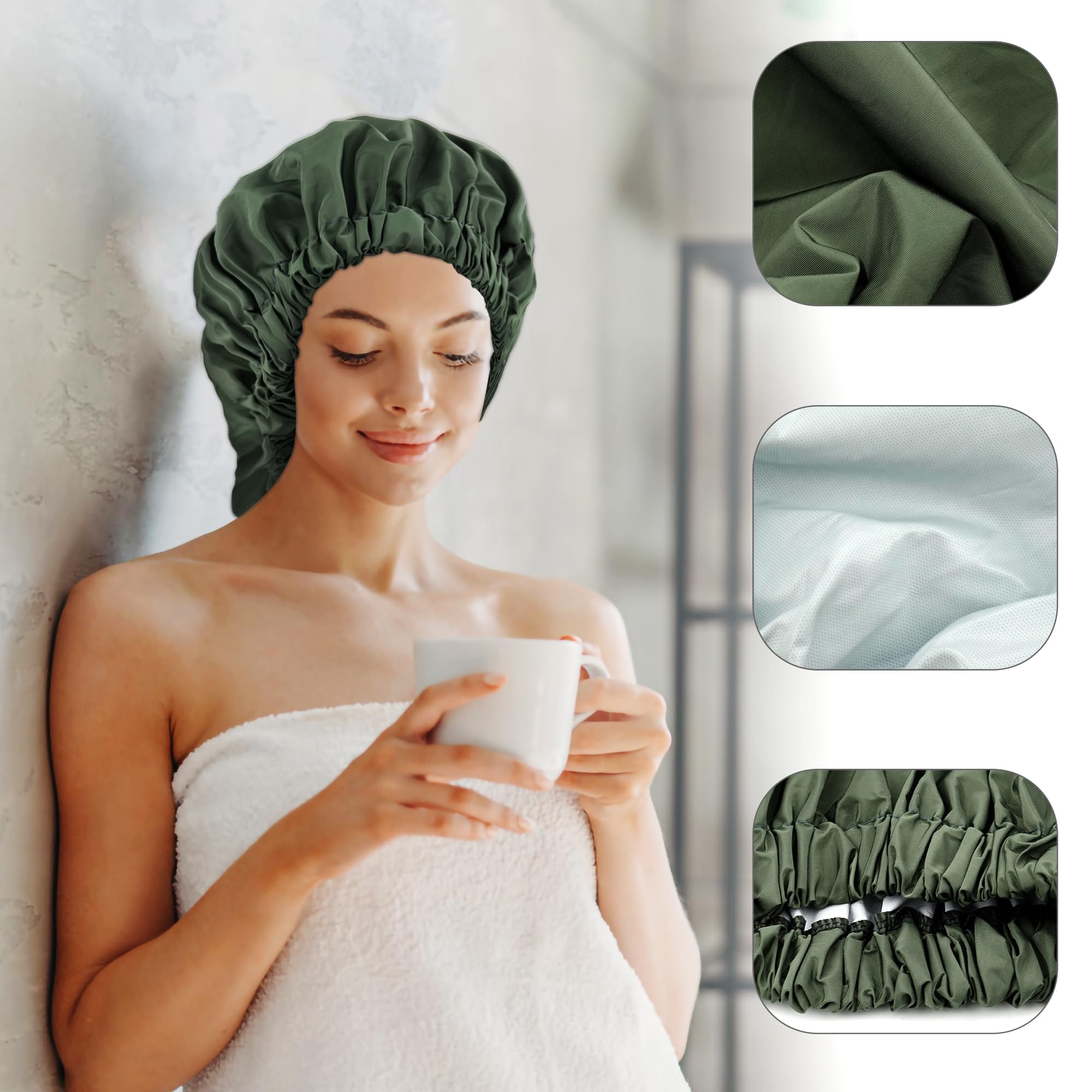 Reusable Shower Cap For Women, Large Waterproof Shower Bonnet Washable Elastic Band Bath Hair Hat For Long Hair, Braids(Black&Gr