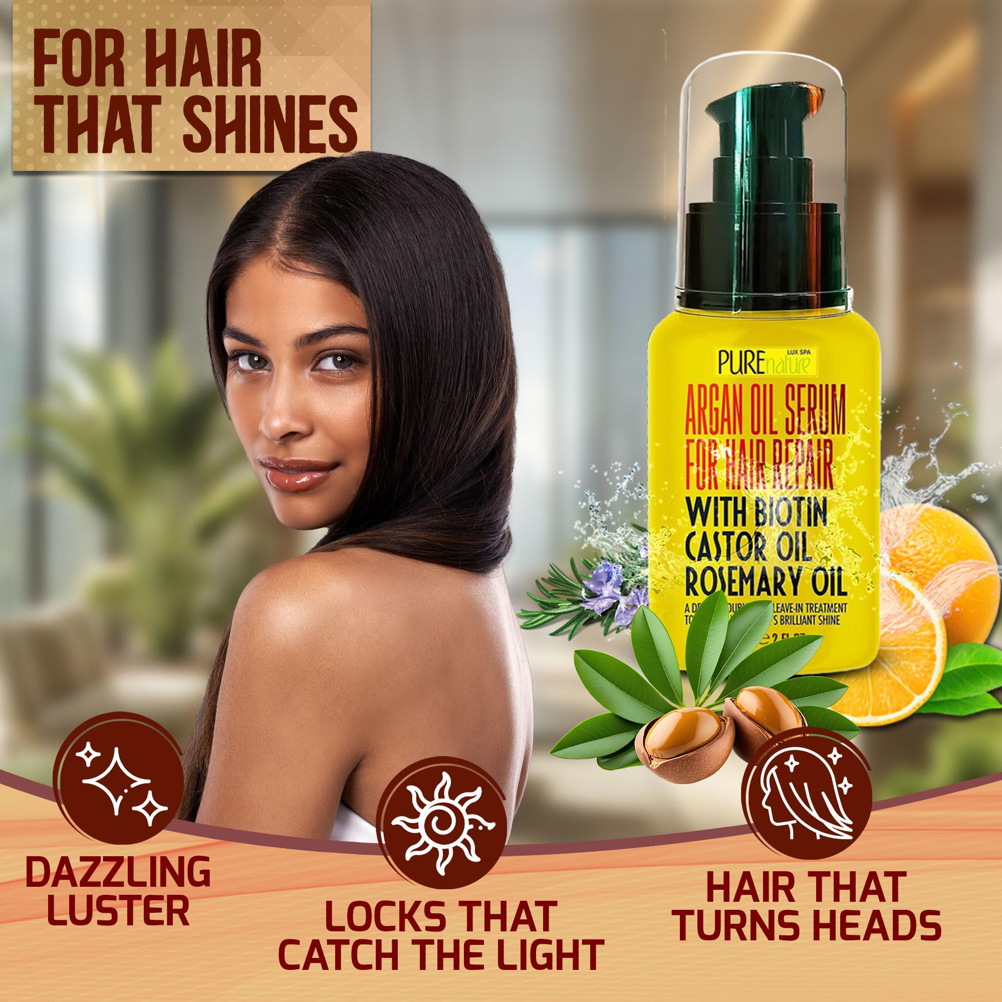 Moroccan Argan Oil Hair Serum With Biotin, Castor Oil, Rosemary Oil - Heat Protectant Treatment For Women And Men - Anti Frizz S