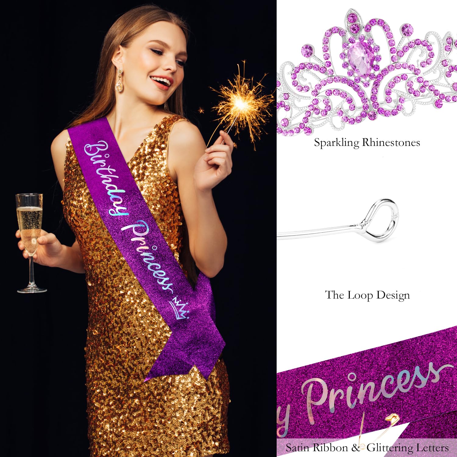 Atoden Birthday Crown and Sash Set Birthday Girls Purple Princess Tiara Queen Crowns Crystal Tiara Women Rhinestone Tiara Birthd