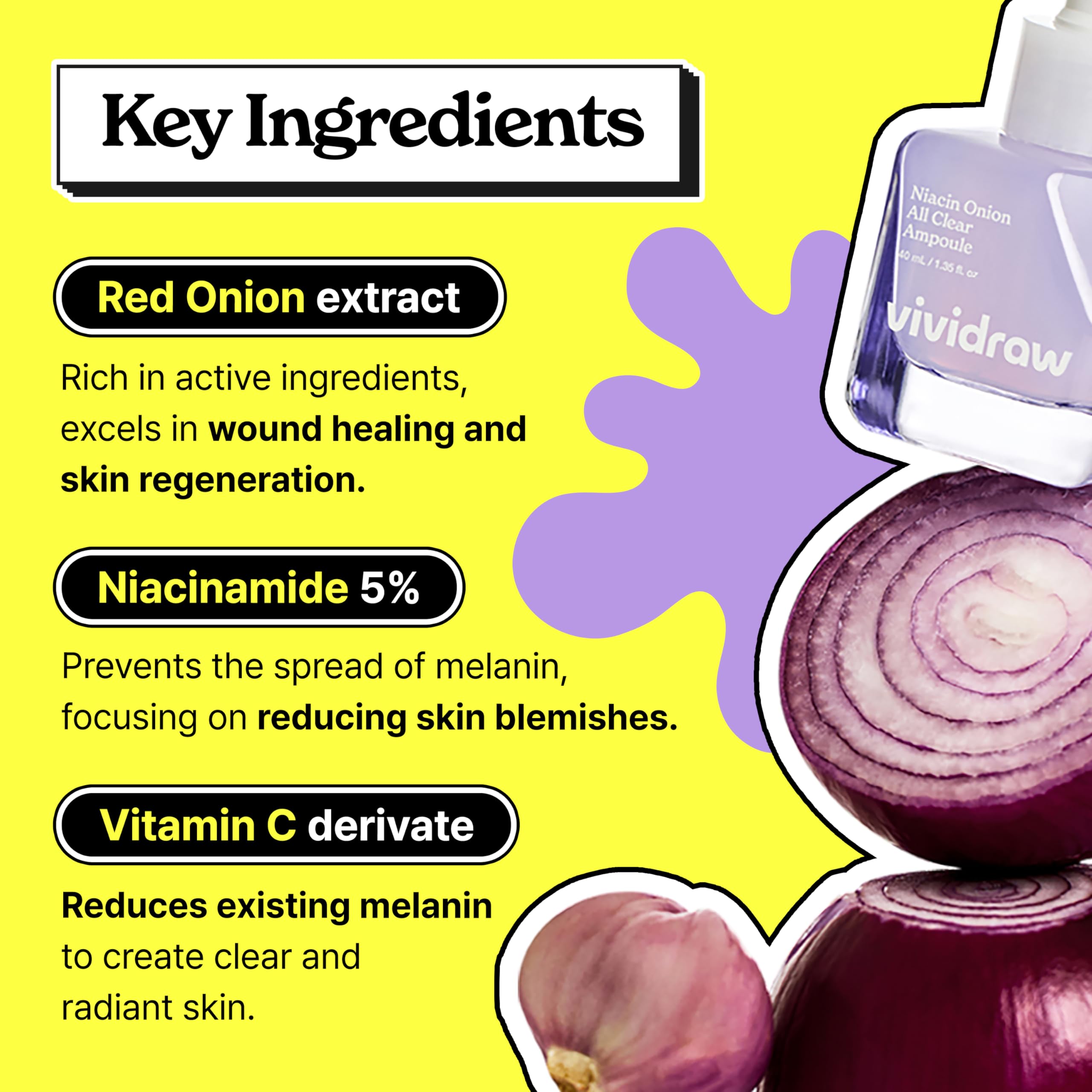 Vividraw Niacin Onion All Clear Ampoule | Acne Dark Spot Serum For Face | Red Onion, 5% Niacinamide, And Vitamin C | Glass Skin,