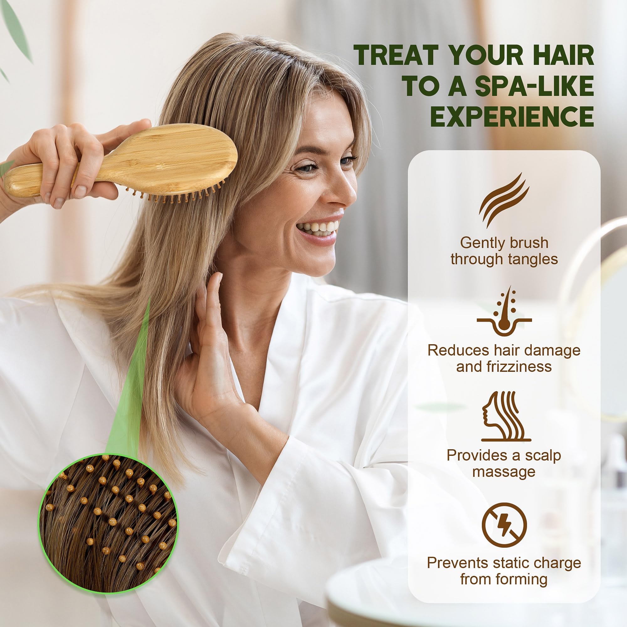 Bfwood Bamboo Hair Brush For Hair Growth, Natural Wooden Brush And Detangle Tail Comb Set, Paddle Hairbrush For Massaging Scalp,