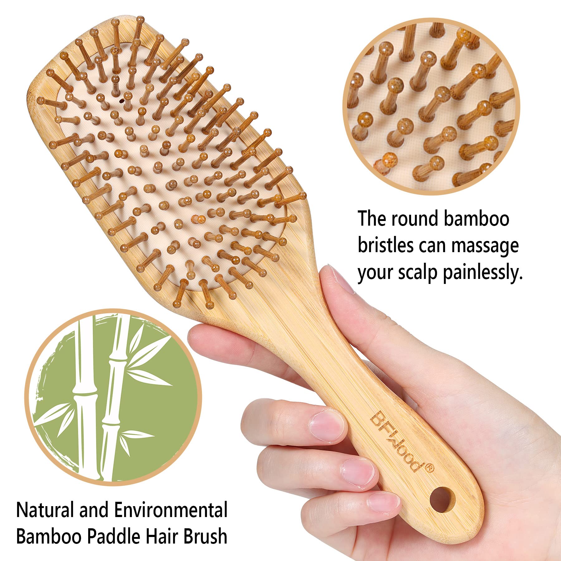 Bamboo Hair Brush With Paddle - Rounded Wood Bristles For Detangling And Gently Massaging Scalp By Bfwood, Reduces Frizz And Sta