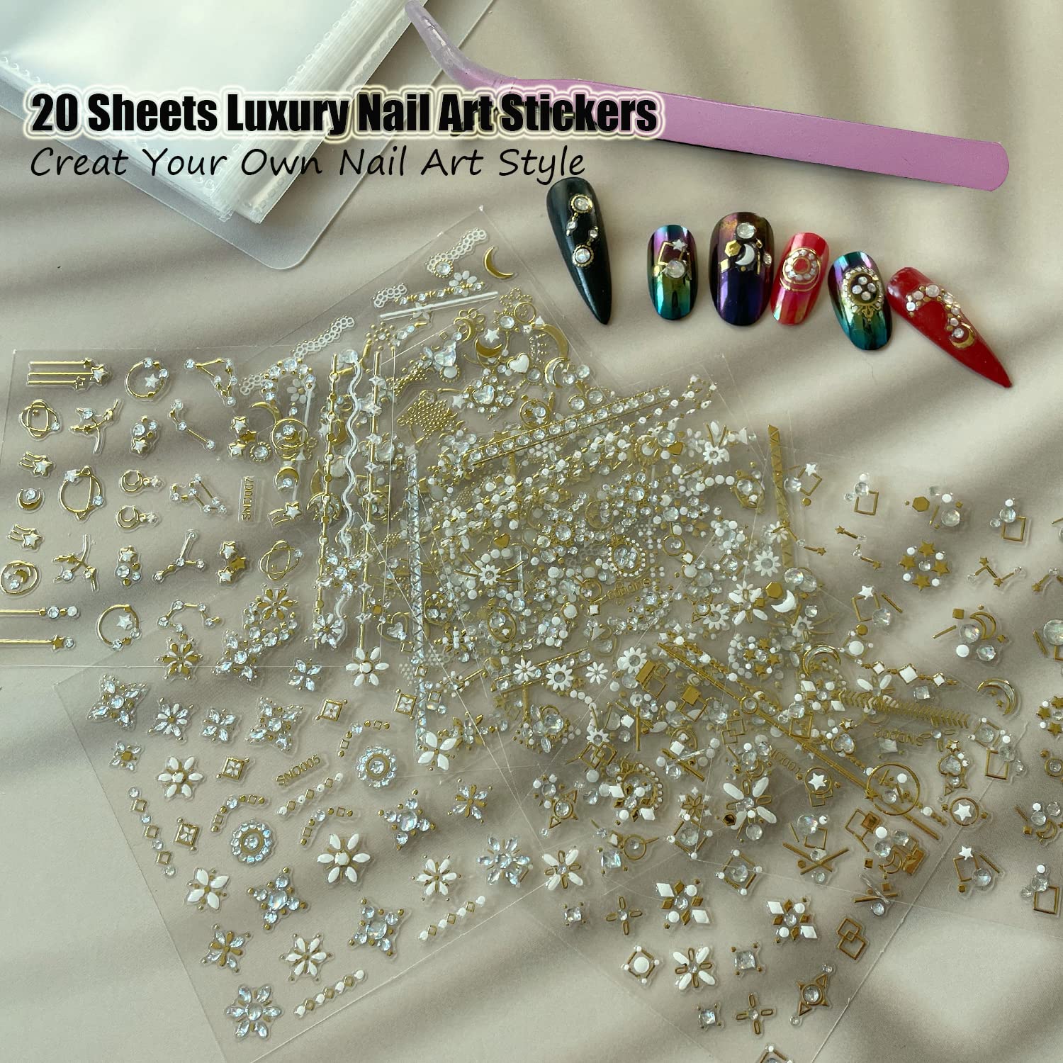 Zoance 20 Sheet 5D Embossed Nail Art Stickers,Luxury Gold Silver Nail Decals Self-Adhesive Metallic Leaves Flower Butterfly Fren