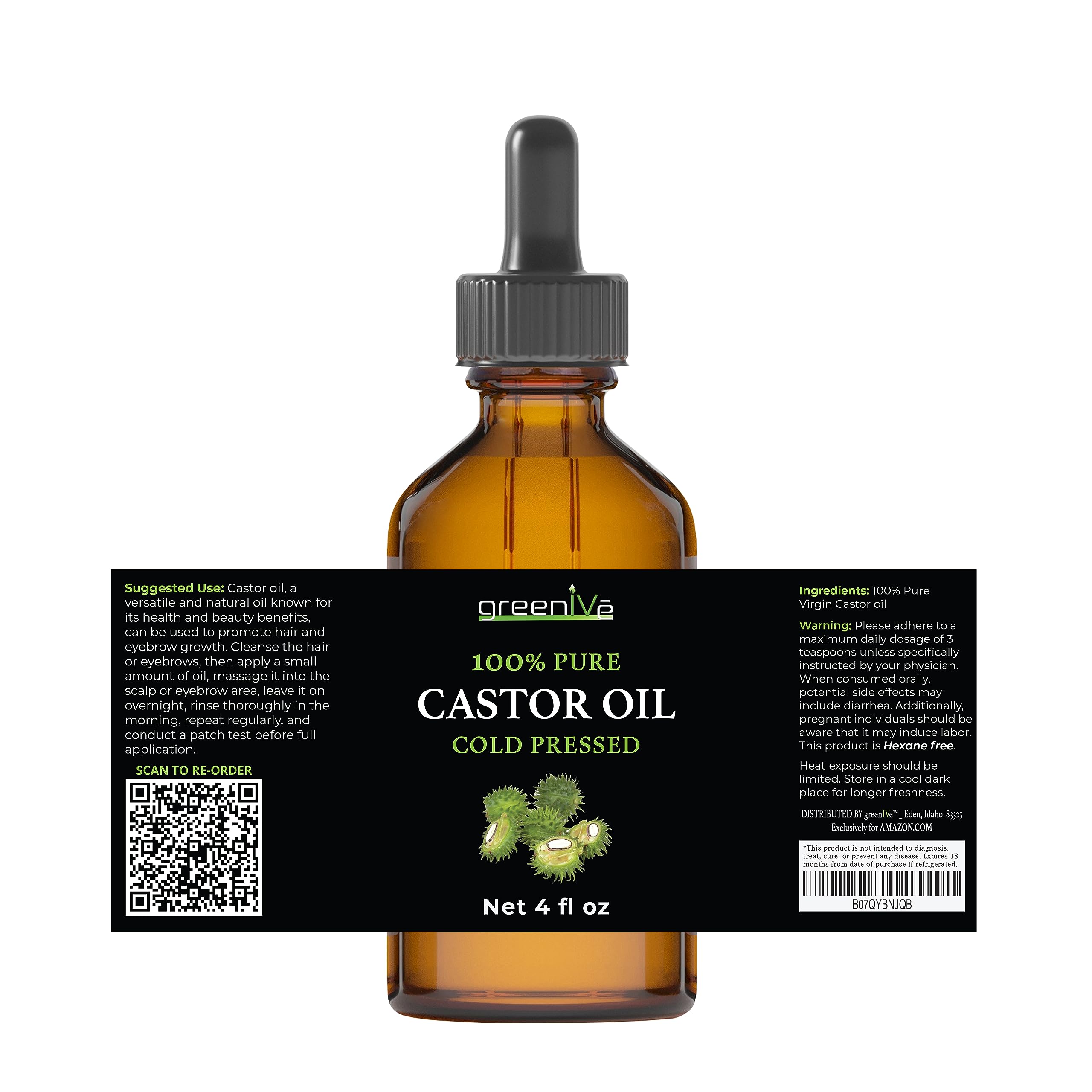 GreenIVe 100% Pure Cold Pressed Castor Oil - Hexane Free - 4 Fl Oz