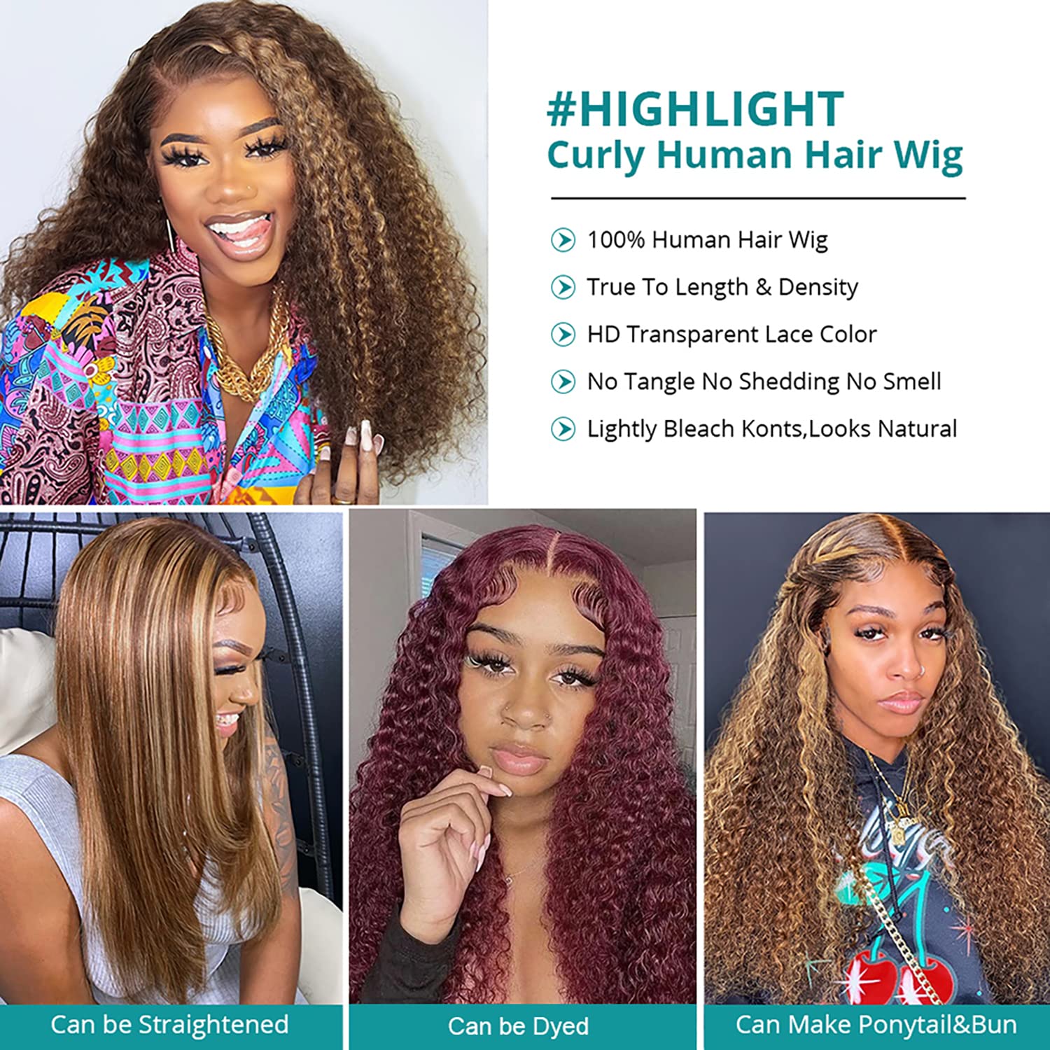 Juvid 30 Inch Highlight Lace Front Wigs Human Hair 180 Density Curly Ombre Honey Blonde 4/27 13X6 Hd Transparent Lace Front Wig