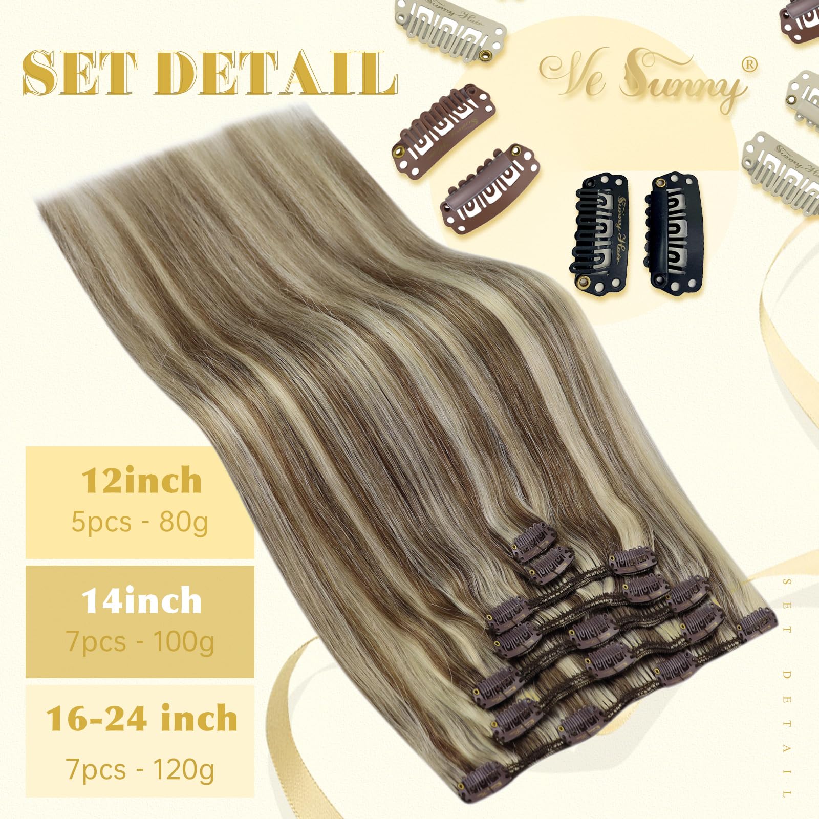 Ve Sunny 22Inch Human Hair Clip In Extensions Light Brown Highlights Blonde Clip In Hair Extensions Long Hair Clip In Highlights