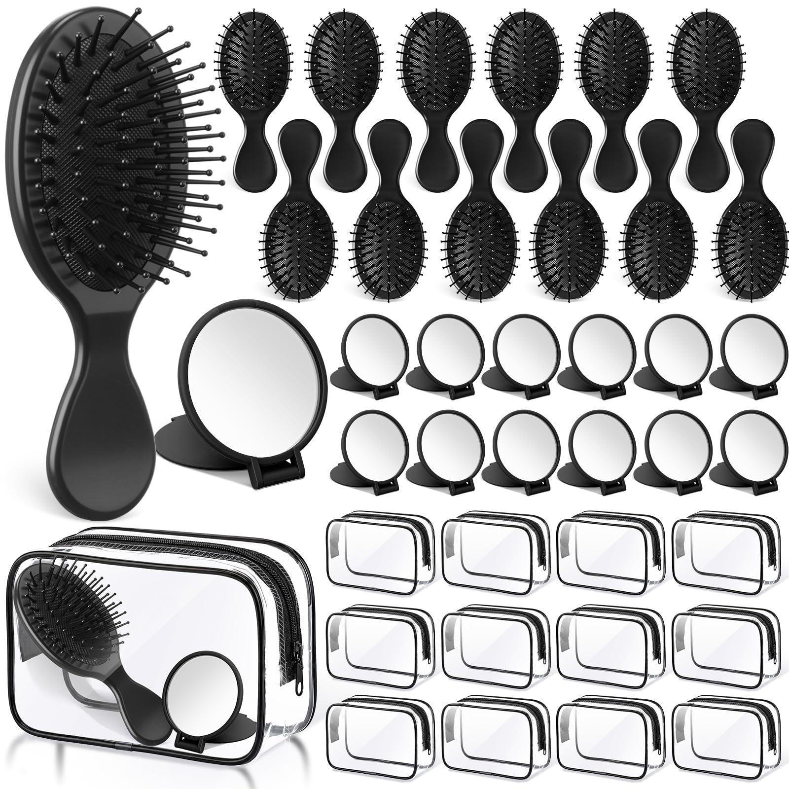 Meanplan 36 Pcs Mini Hair Brush Set 12 Wet Dry Hair Combs Detangling 12 Compact Folding Makeup Mirror Round and 12 Clear Makeup 