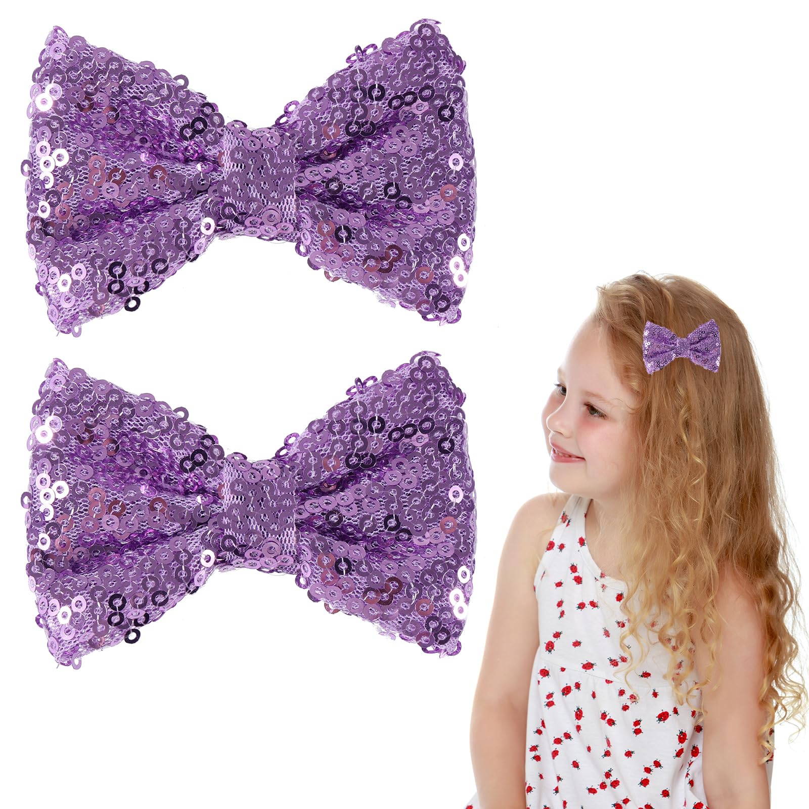 3'' Purple Sparkly Glitter Sequin Hair Bows Clips for Toddler Girls Valentines Christmas Birthday Gift Party Dress Outfit Decor 