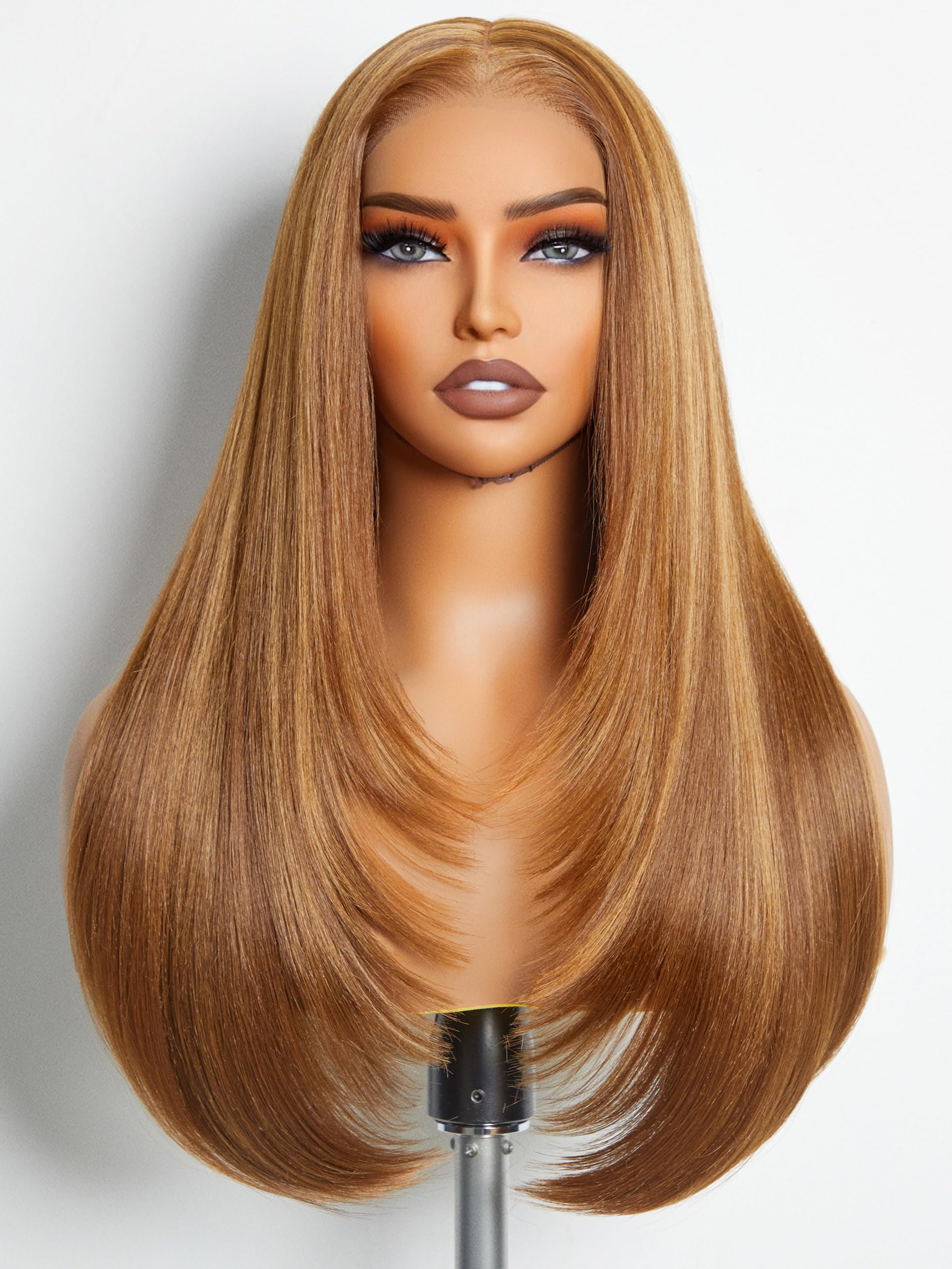 GORGIUS Honey Blonde Straight Layered Wig Glueless Highlight Lace Front Wig Middle Part Pre Cut HD Lace Wig Upgraded with Style-