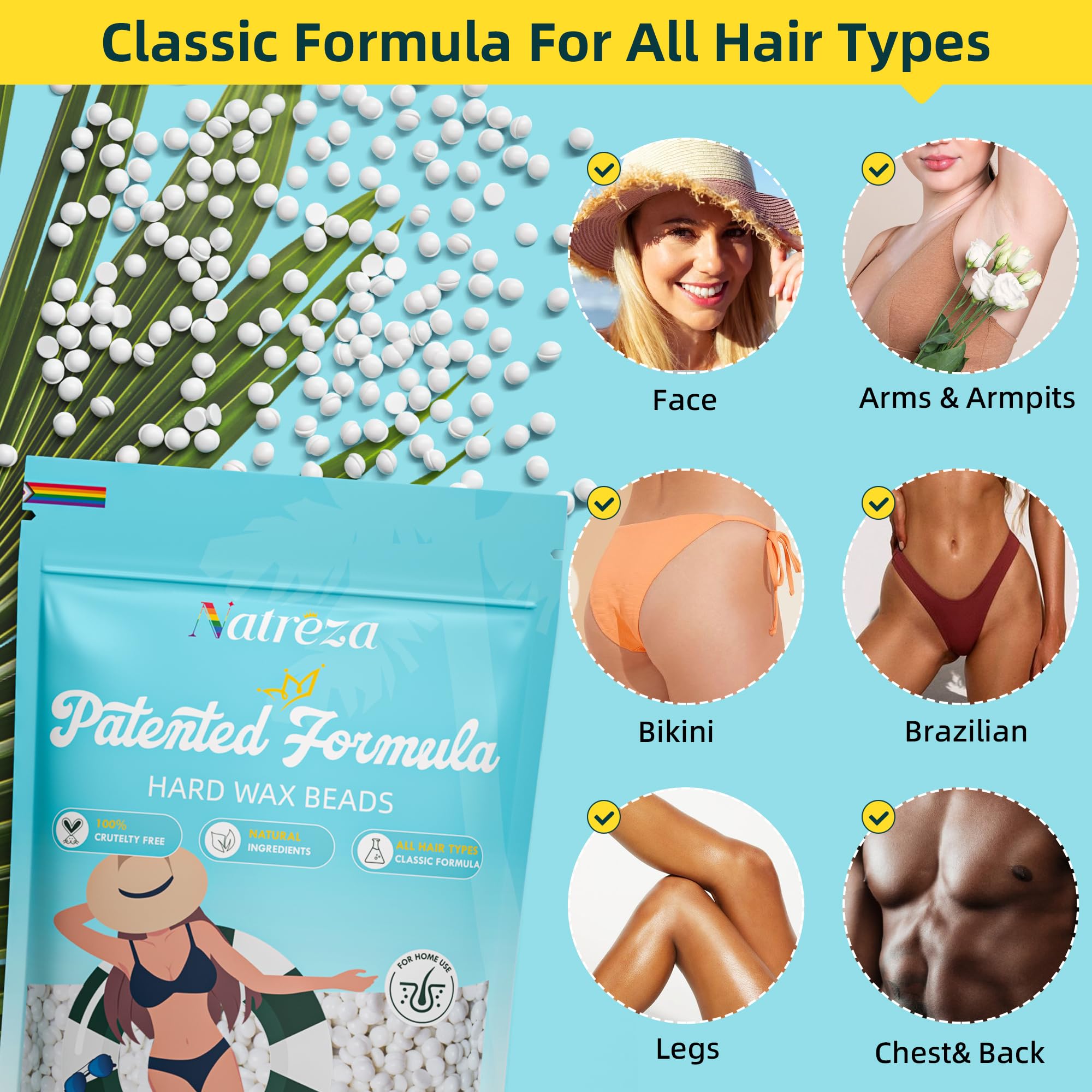 Natreza Hair Removal Wax Beads-1Lb, Unscented White Hard Wax Beads For Sensitive Skin, Full Body Waxing, Ideal For All Hair Type