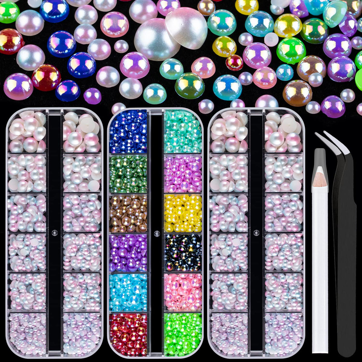 Belleboost Flat Back Pearls Kits 1 Box of Flatback Colorful AB+2 Boxes of Pink Mermaid Half Round Pearls with Pickup Pencil and 