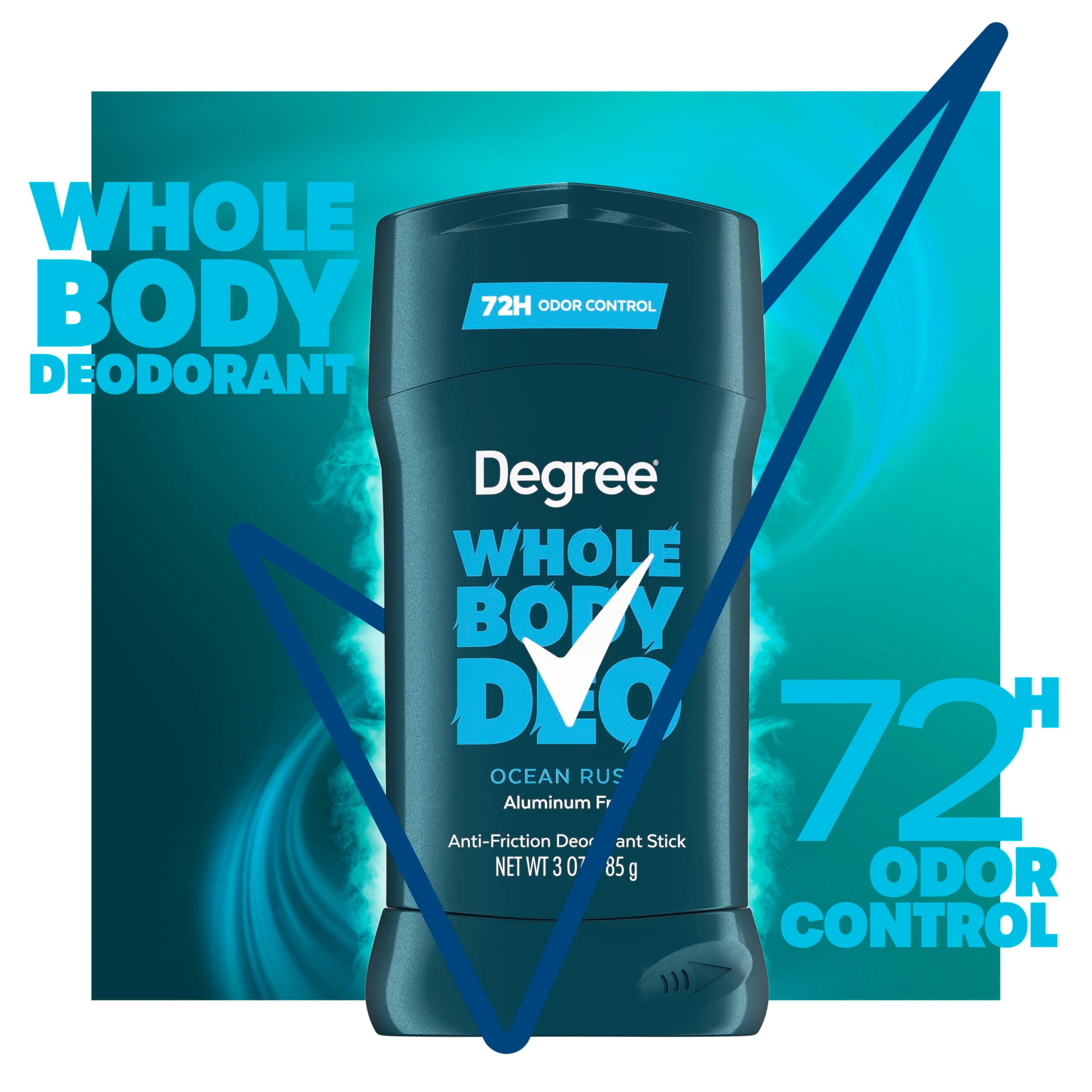 Degree Men Whole Body Deodorant Stick, Glides on Clear + Absorbs Sweat, Ocean Rush Scent, Aluminum Free 72H Odor Protection 3 oz