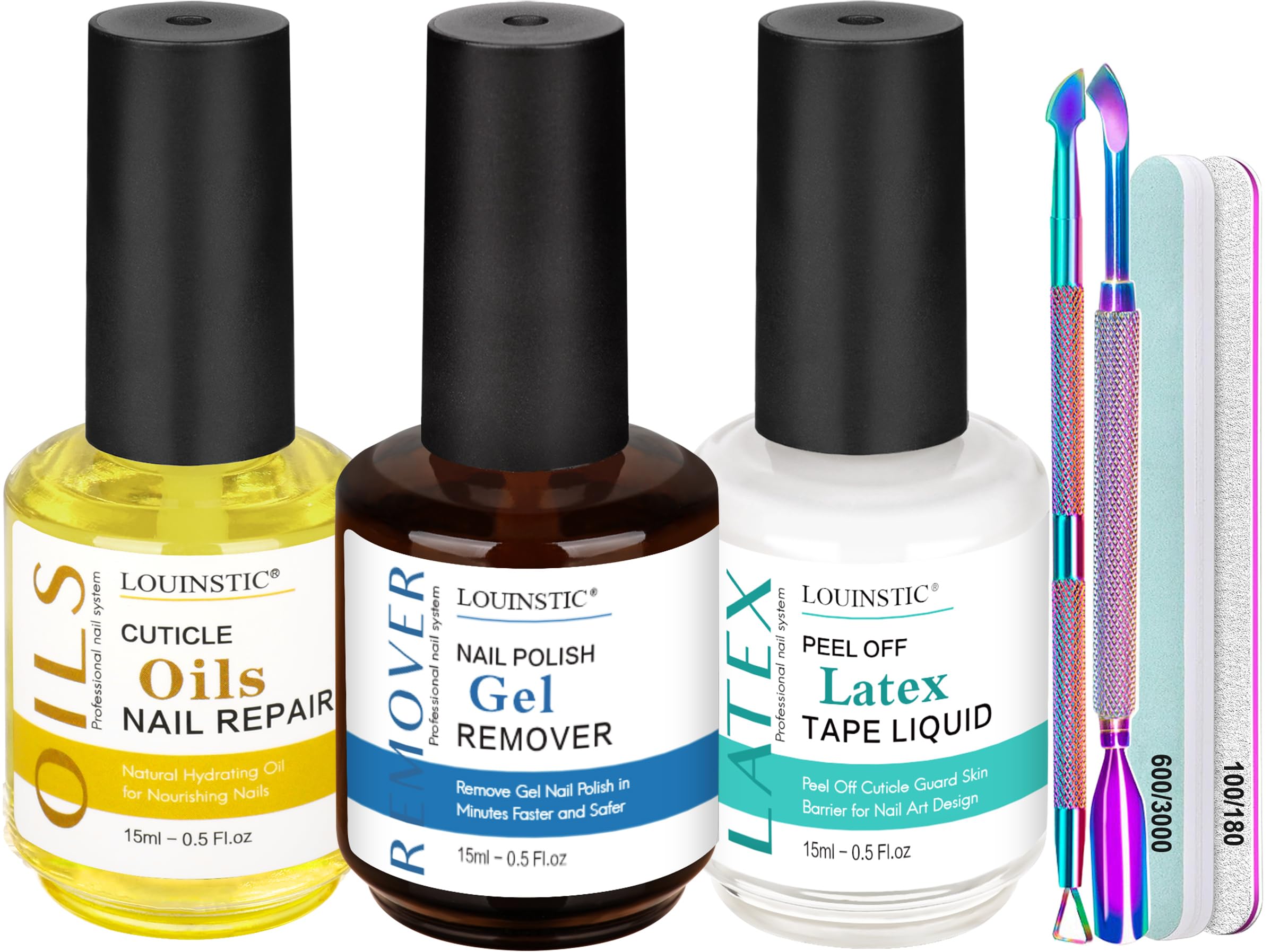 Louinstic Gel Nail Polish Remover - Gel Polish Remover Kit With Cuticle Oil & Latex Tape & Colored Peel Off Manicure Tools, Gel