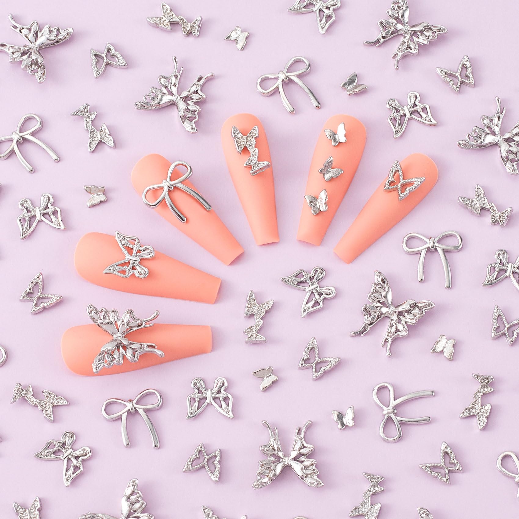 Hinzic 60Pcs Bow Nail Charm 6 Styles Silver Butterfly Nail Rhinestones 3D Mini Alloy Bowknot Diamond Gems Wedding Prom Crystal D