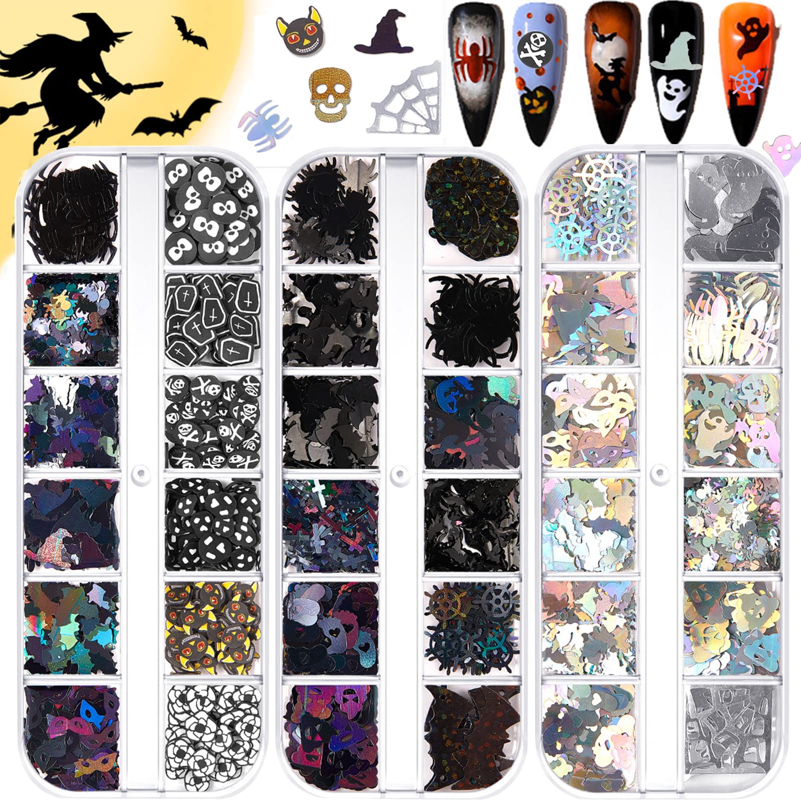 3 Boxes Halloween Nail Art Glitter Sequins, Wsimily 3D Holographic Pumpkin Skull Ghost Spider Bat Witch Cross Halloween Soft Cla