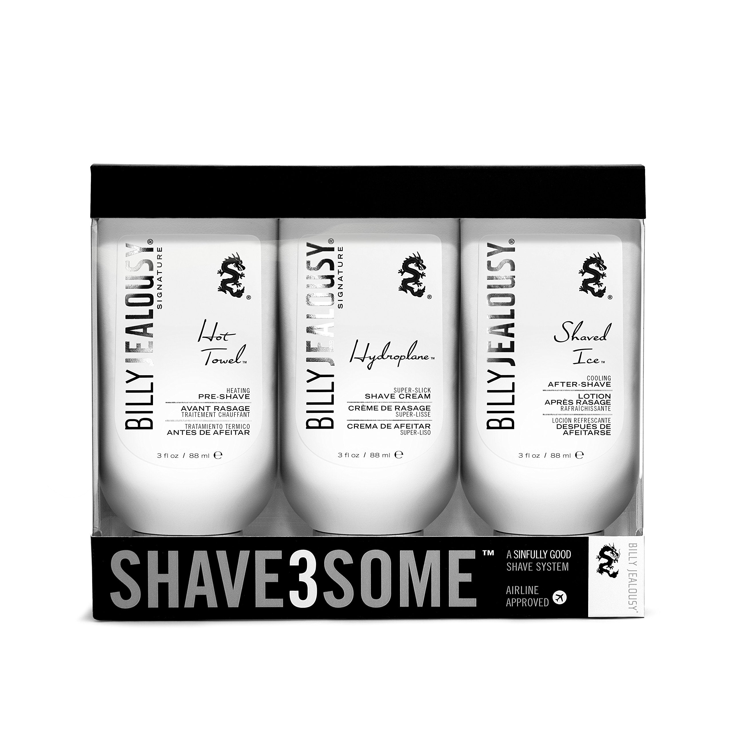 Billy Jealousy Shave3some Travel-Size Trio Shaving Kit for Men with Heating Pre-Shave, Super Slick Shave Cream and Cooling After
