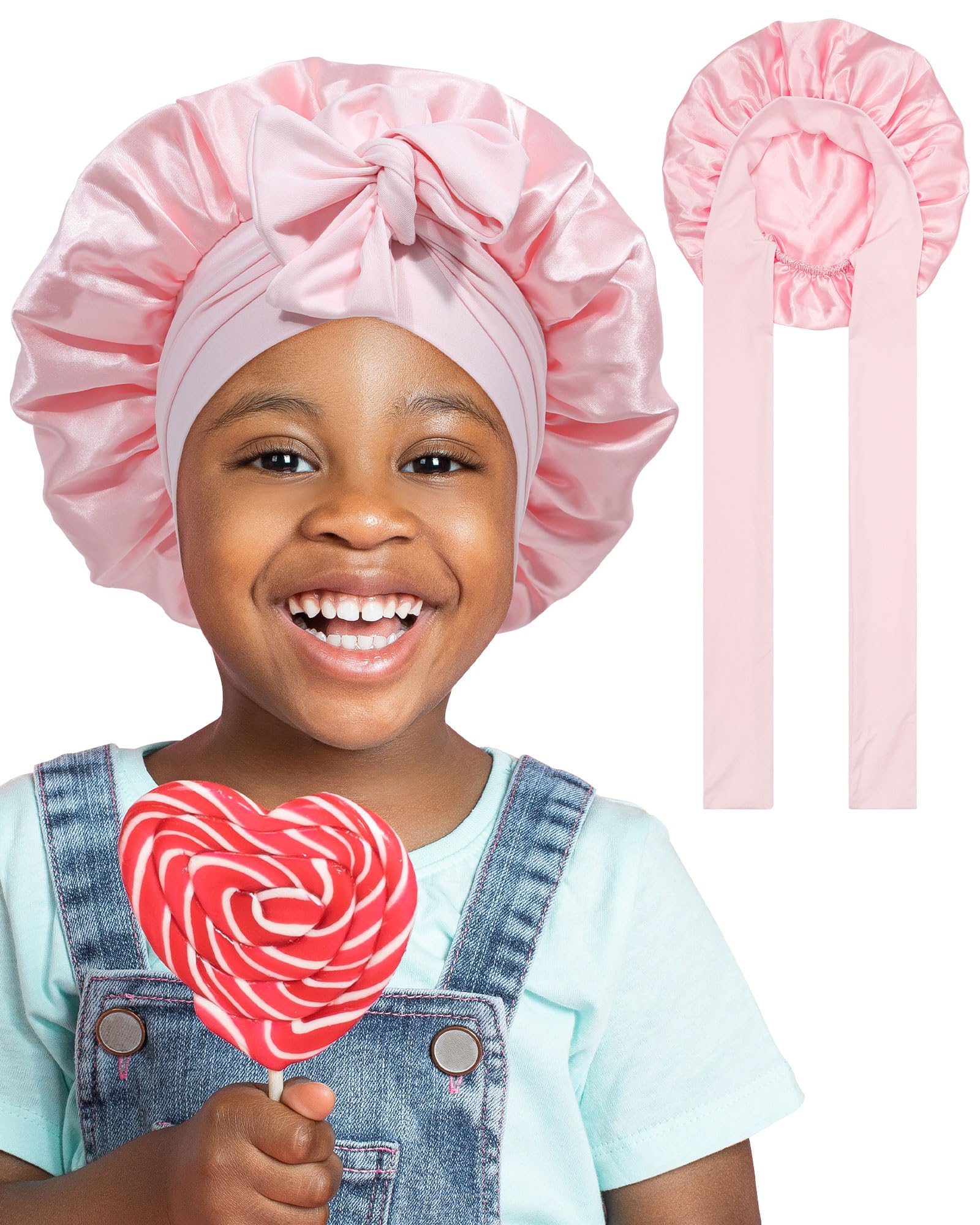 Satin Bonnet for Kids Silk Bonnets for Sleeping Curly Hair Bonnet with Elastic Tie Band Double Layer Sleep Cap for Girls Boys 3-