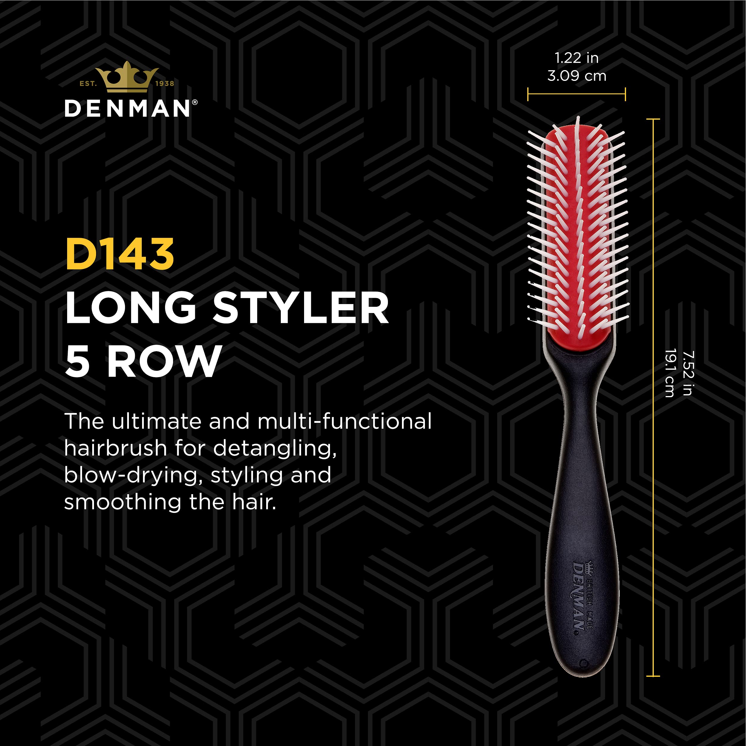 Denman Curly Hair Brush D143 - 5 Row Styling Mini Brush With Long Handle for Detangling, Separating, Shaping and Defining Curls